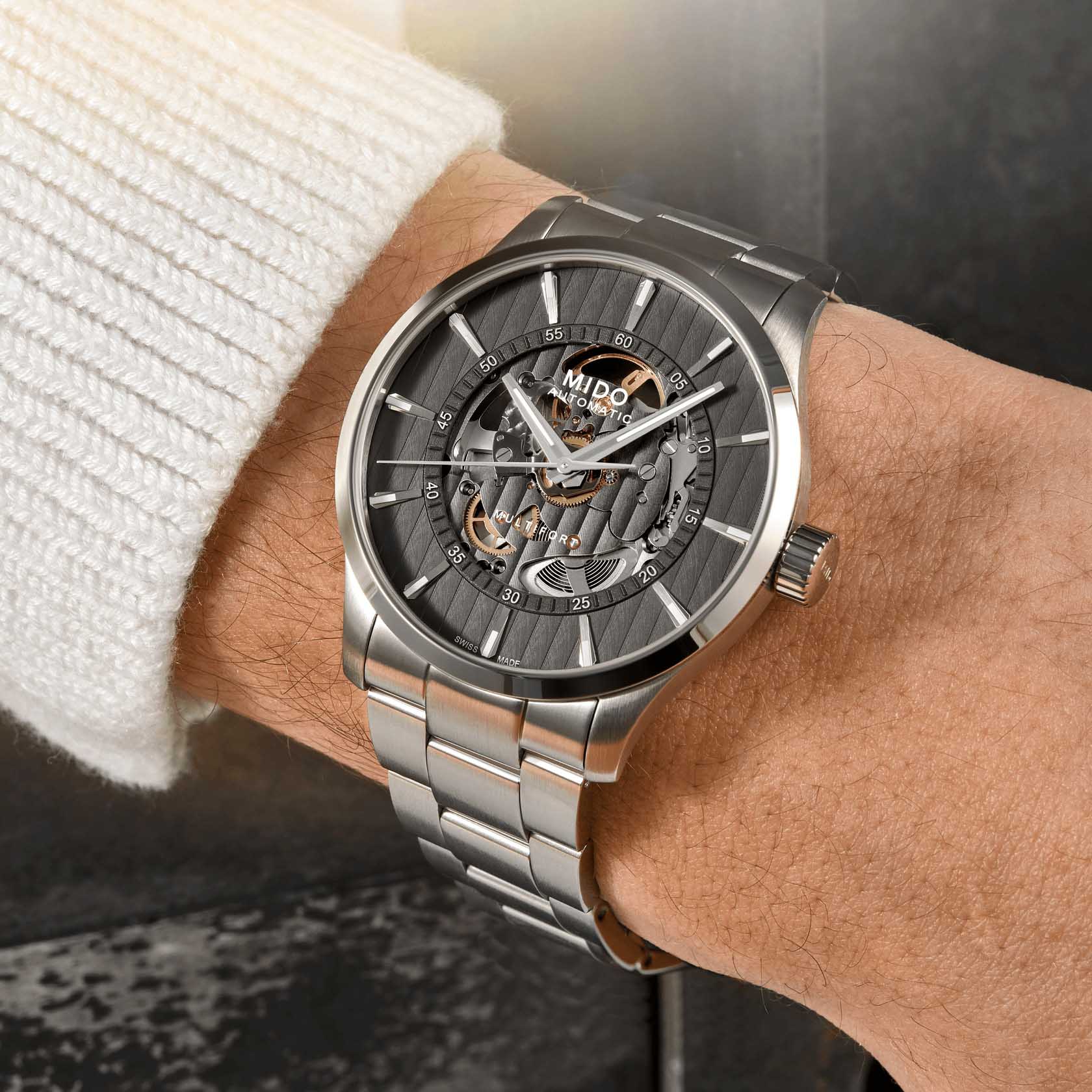 Оригинальные часы Mido Mido Multifort Skeleton Vertigo M038.436.11.061.00 механические калибр механизма mido calibre 80 (на базе eta c07.631) общий вид