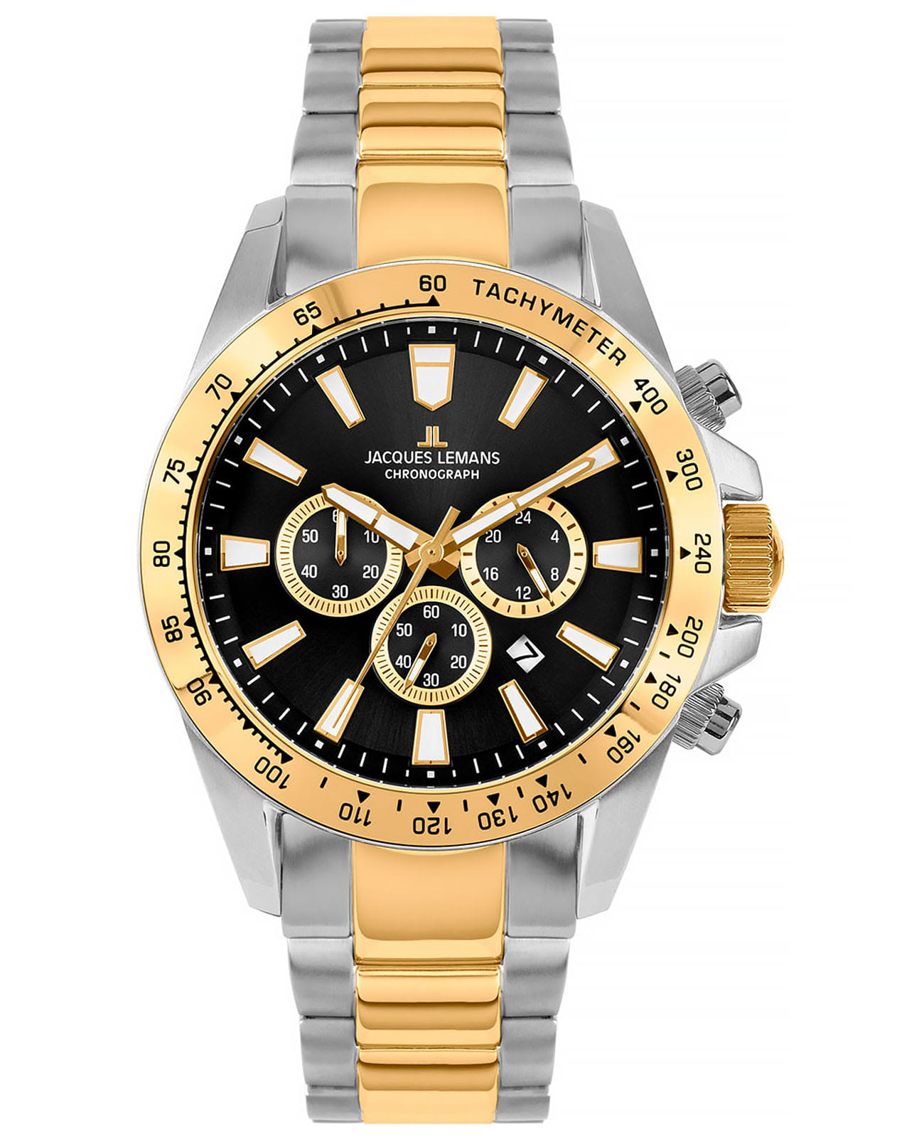 Jacques Lemans Jacques Lemans Sport 1-2140H  1-2140H кварцевые мужские часы черный циферблат, браслет нержавеющая сталь — вид спереди