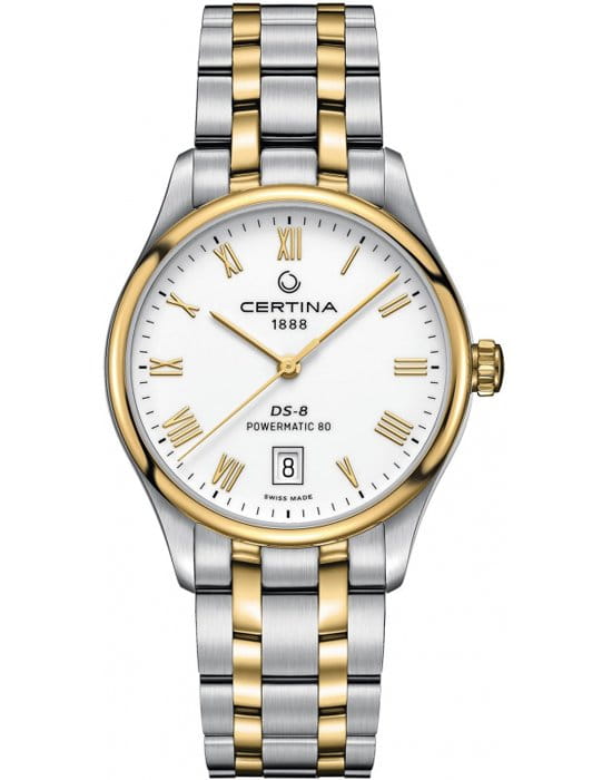 Certina Certina DS-8 Powermatic 80 C033.407.22.013.00 DS 8 C0334072201300 механические мужские часы белый циферблат, браслет сталь c pvd покрытием — вид спереди