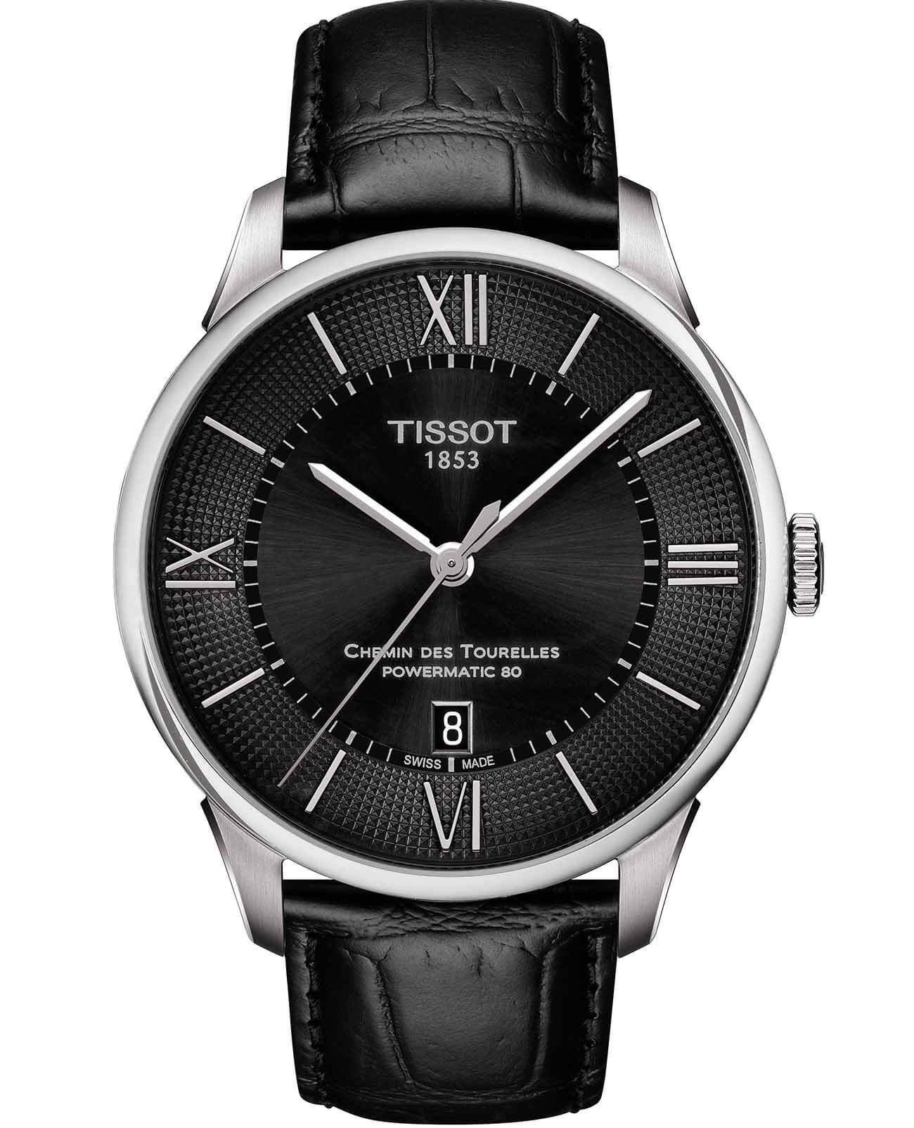 Tissot Tissot Chemin des Tourelles Powermatic 80 T099.407.16.058.00 Chemin des Tourelles T0994071605800 механические мужские часы черный циферблат, браслет кожаный — вид спереди