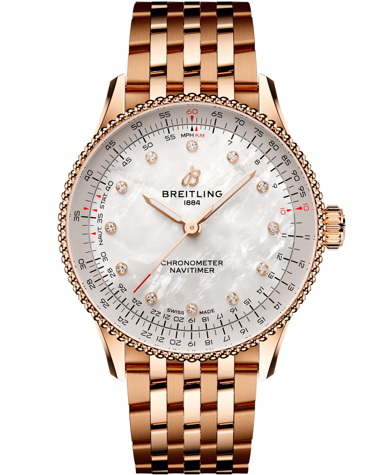 Breitling Breitling Navitimer Automatic 36 R17327211A1R1  R17327211A1R1 механические мужские часы перламутровый циферблат, браслет 18-каратное красное золото — вид спереди