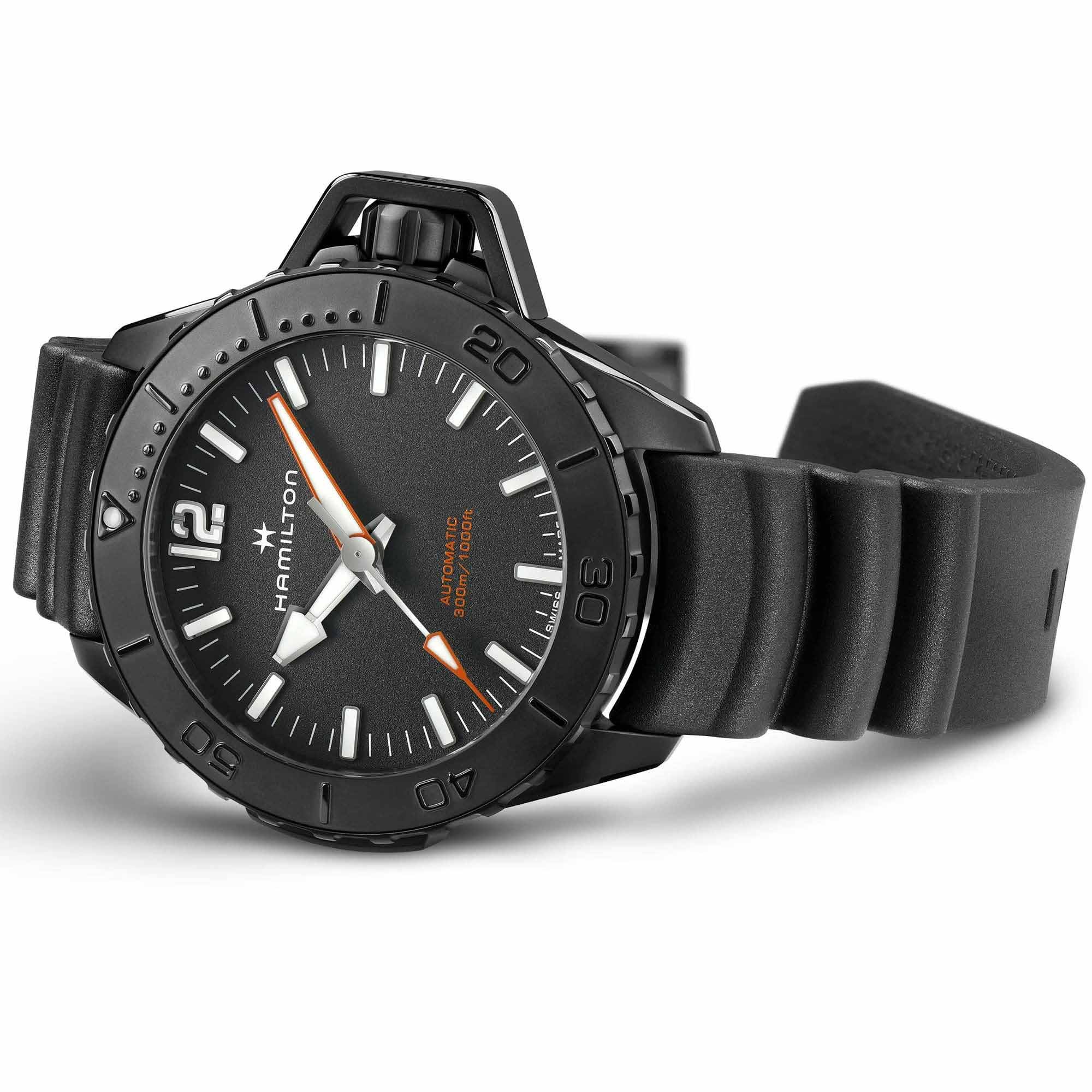 Hamilton Hamilton Khaki Navy Frogman Auto H77855330 механические мужские часы часы крупный план черный циферблата