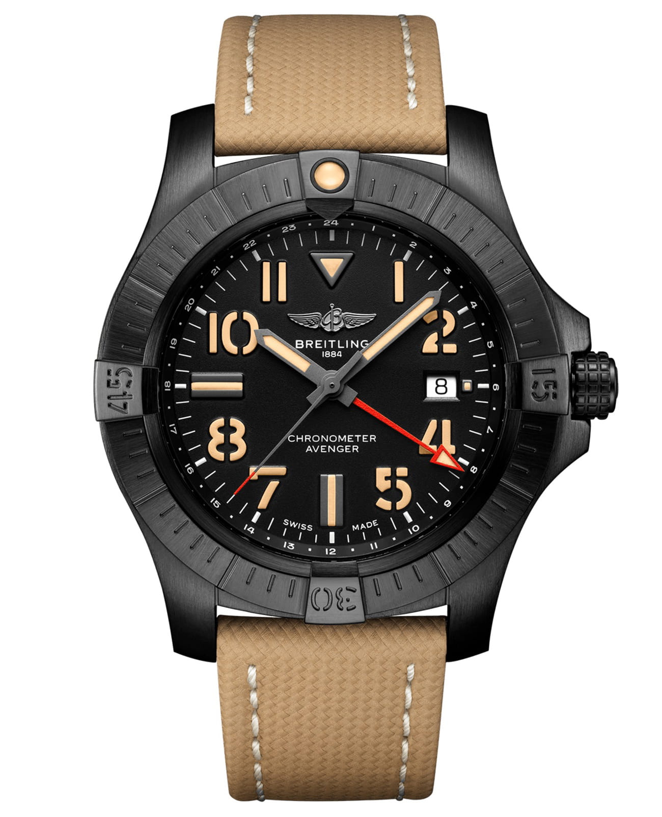 Breitling Breitling Avenger Automatic GMT 45 Night Mission V32395101B1X1  V32395101B1X1 механические мужские часы черный циферблат, браслет кожаный — вид спереди