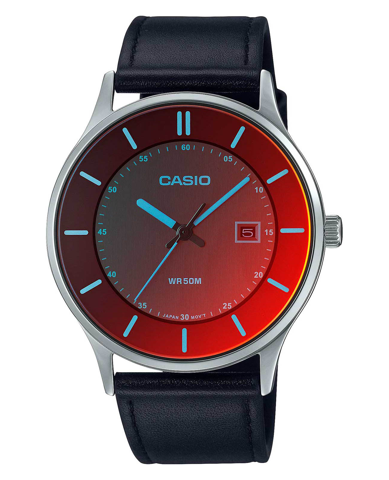 Casio Casio Collection MTP-E605L-1EVDF (MTP-E605L-1E)  MTP-E605L-1E кварцевые мужские часы красный циферблат, браслет кожаный — вид спереди