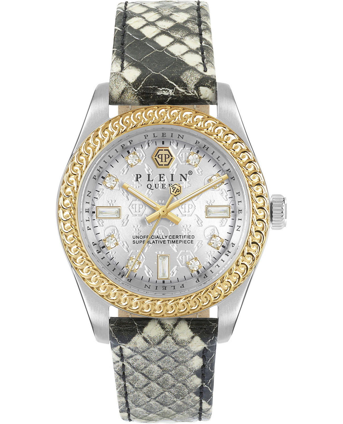 Philipp Plein Philipp Plein Queen PWDAA0121  PWDAA0121 кварцевые женские часы серебристый циферблат, браслет кожаный — вид спереди