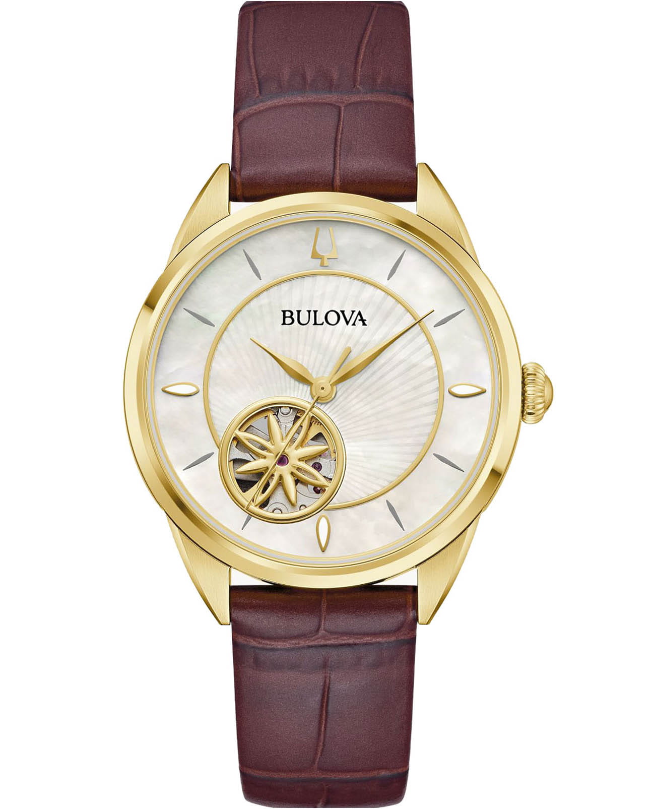 Bulova Bulova Automatic Ladies 97L179  97L179 механические женские часы перламутровый циферблат, браслет кожаный — вид спереди