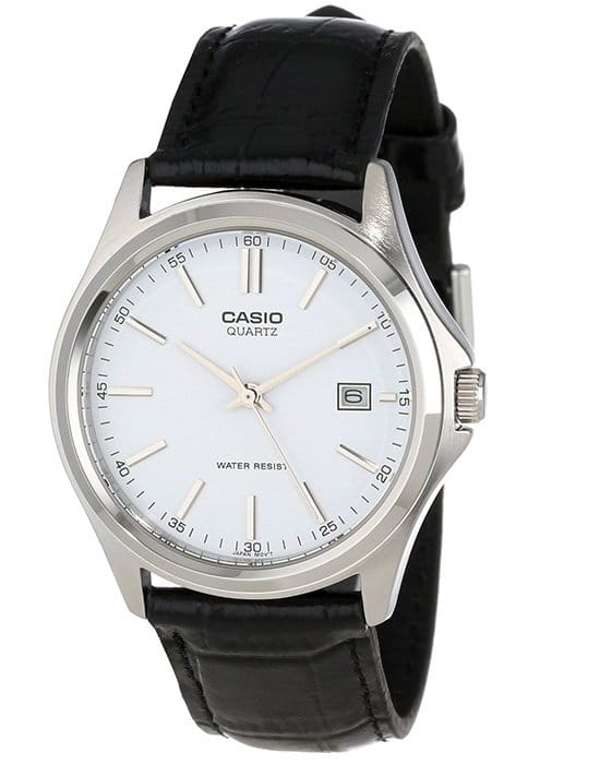 Casio Casio MTP-1183E-7ADF (MTP-1183E-7A)  MTP-1183E-7A кварцевые мужские часы белый циферблат, браслет кожаный — вид спереди