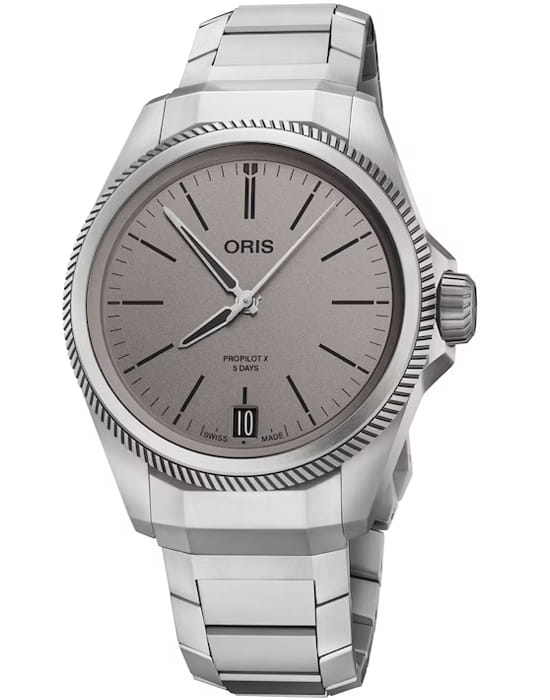 Oris Oris Propilot X Calibre 400 01 400 7778 7153-07 7 20 01TLC  01 400 7778 7153-07 7 20 01TLC механические мужские часы серый циферблат, браслет титановый — вид спереди