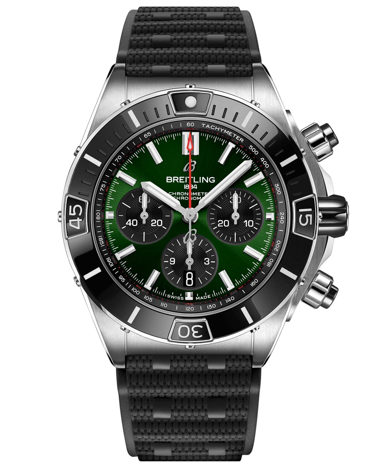 Breitling Breitling Super Chronomat B01 44 AB0136251L1S1  AB0136251L1S1 механические мужские часы зеленый циферблат, браслет каучук — вид спереди