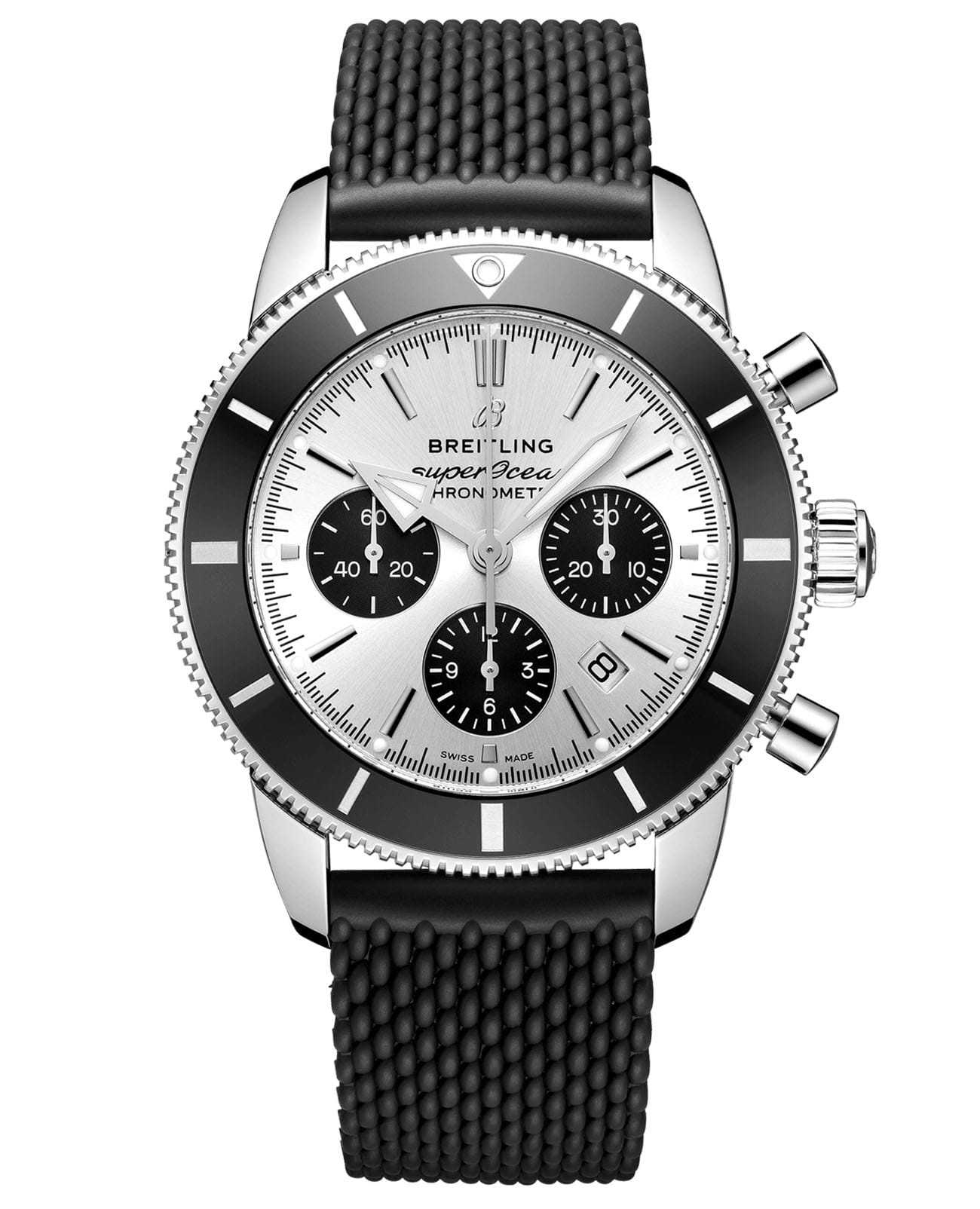 Breitling Breitling Breitling Superocean Heritage B01 Chronograph 44 AB0162121G1S1  AB0162121G1S1 механические мужские часы серебристый циферблат, браслет каучук — вид спереди