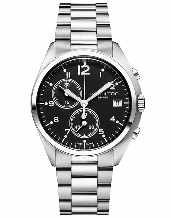 Hamilton Hamilton Khaki Aviation Pilot Pioneer Chrono H76512133  H76512133 кварцевые мужские часы черный циферблат, браслет нержавеющая сталь — вид спереди