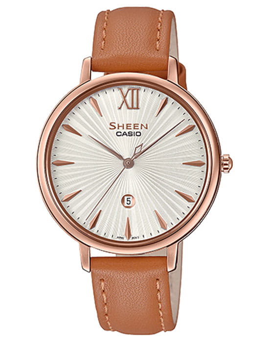 Casio Casio Sheen SHE-4534PGL-7A  SHE-4534PGL-7A кварцевые женские часы бежевый циферблат, браслет кожаный — вид спереди