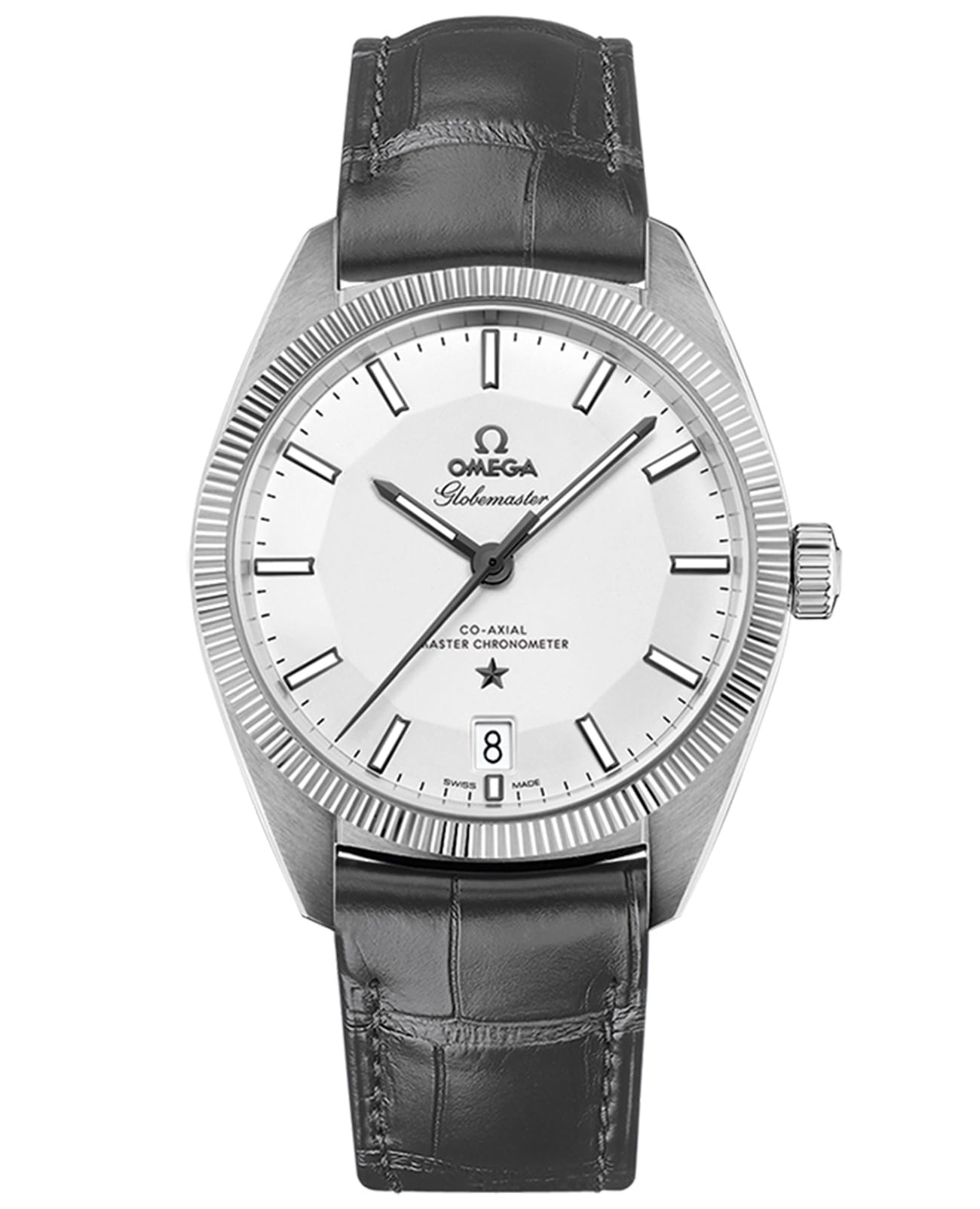 Omega Omega Constellation Globemaster 130.33.39.21.02.001 Globemaster 13033392102001 механические мужские часы белый циферблат, браслет кожаный — вид спереди