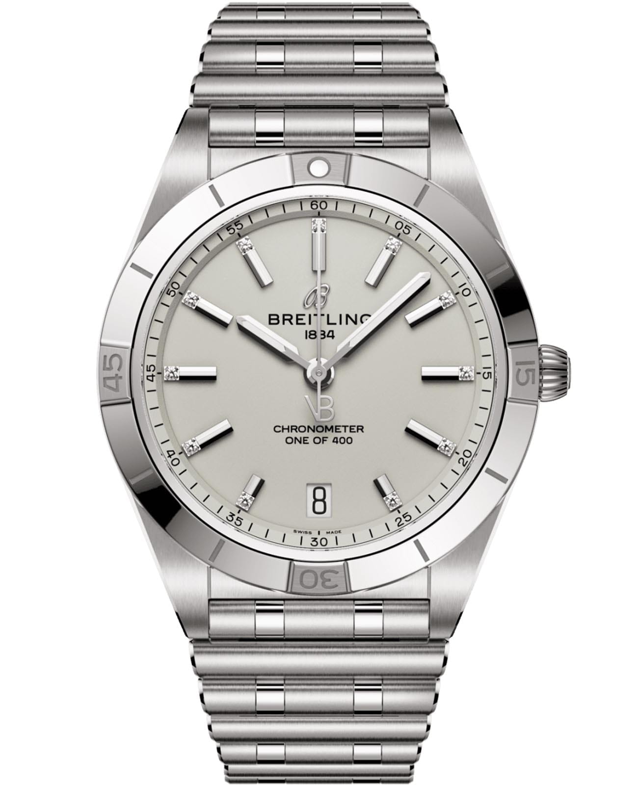 Breitling Breitling Chronomat Automatic 36 Victoria Beckham A103801A1G1A1  A103801A1G1A1 механические женские часы белый циферблат, браслет нержавеющая сталь — вид спереди