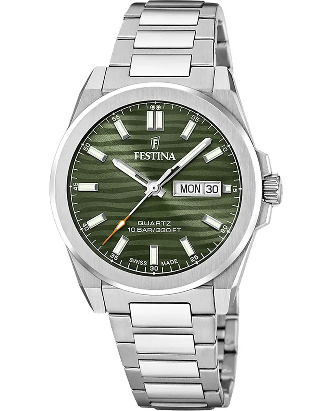 Festina Festina Swiss Made  F20073/4   F20073/4 кварцевые мужские часы зеленый циферблат, браслет нержавеющая сталь — вид спереди