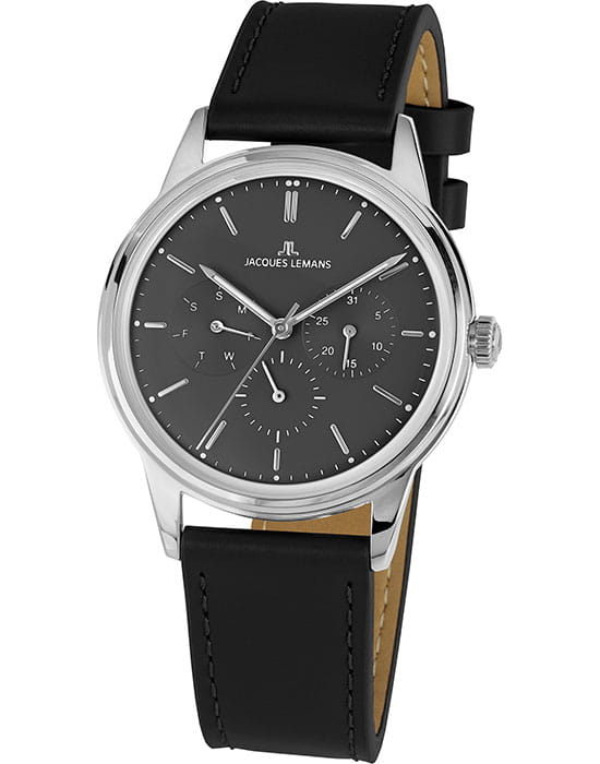 Jacques Lemans Jacques Lemans Retro Classic 1-2061A  1-2061A кварцевые мужские часы серый циферблат, браслет кожаный — вид спереди