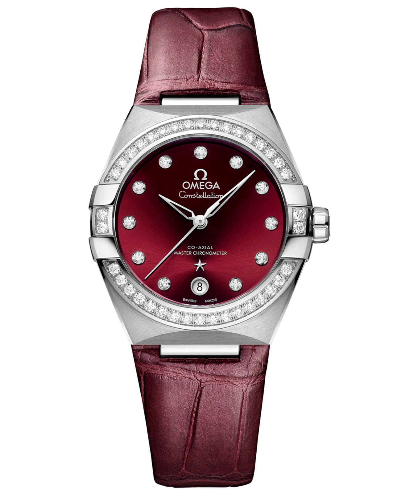 Omega Omega Constellation 131.18.36.20.61.001  13118362061001 механические женские часы красный циферблат, браслет кожаный — вид спереди
