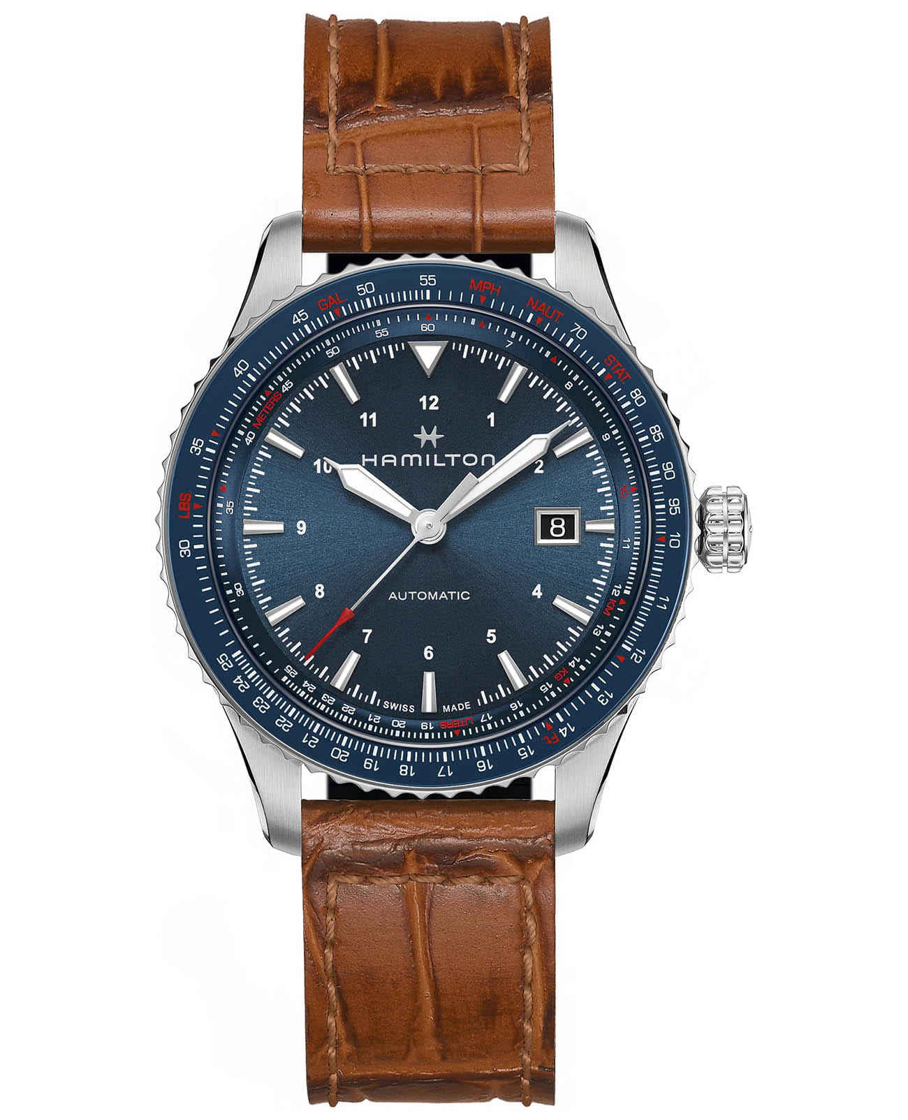 Hamilton Hamilton Khaki Aviation Converter Auto H76645540  H76645540 механические мужские часы синий циферблат, браслет кожаный — вид спереди