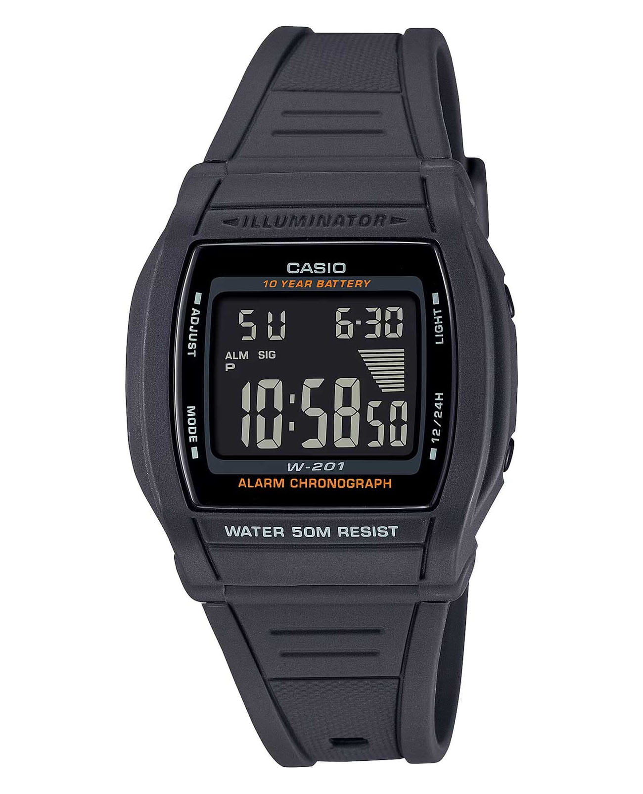 Casio Casio Collection W-201-1BVEG  W-201-1BVEG кварцевые мужские часы зеленый циферблат, браслет пластик — вид спереди