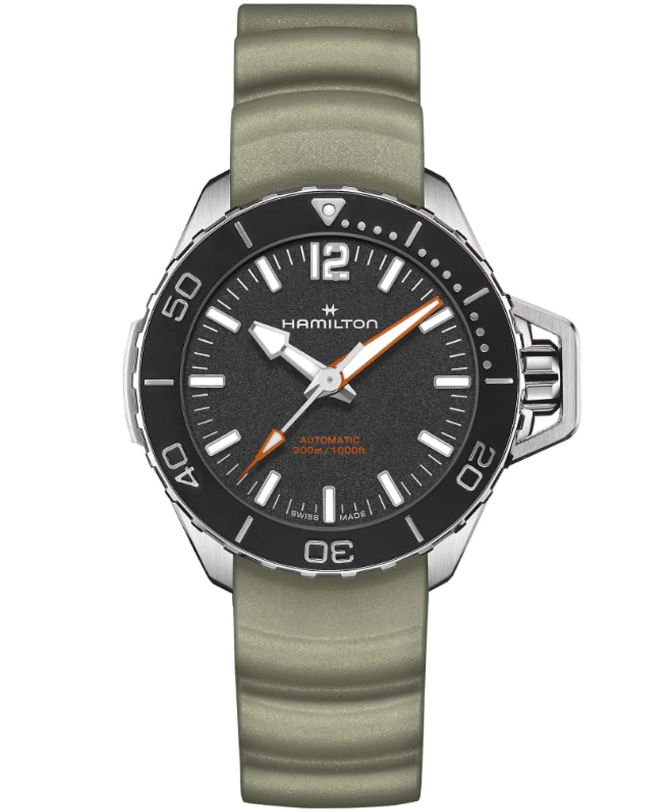 Hamilton Hamilton Khaki Navy Frogman Auto H77455331  H77455331 механические мужские часы черный циферблат, браслет каучук — вид спереди