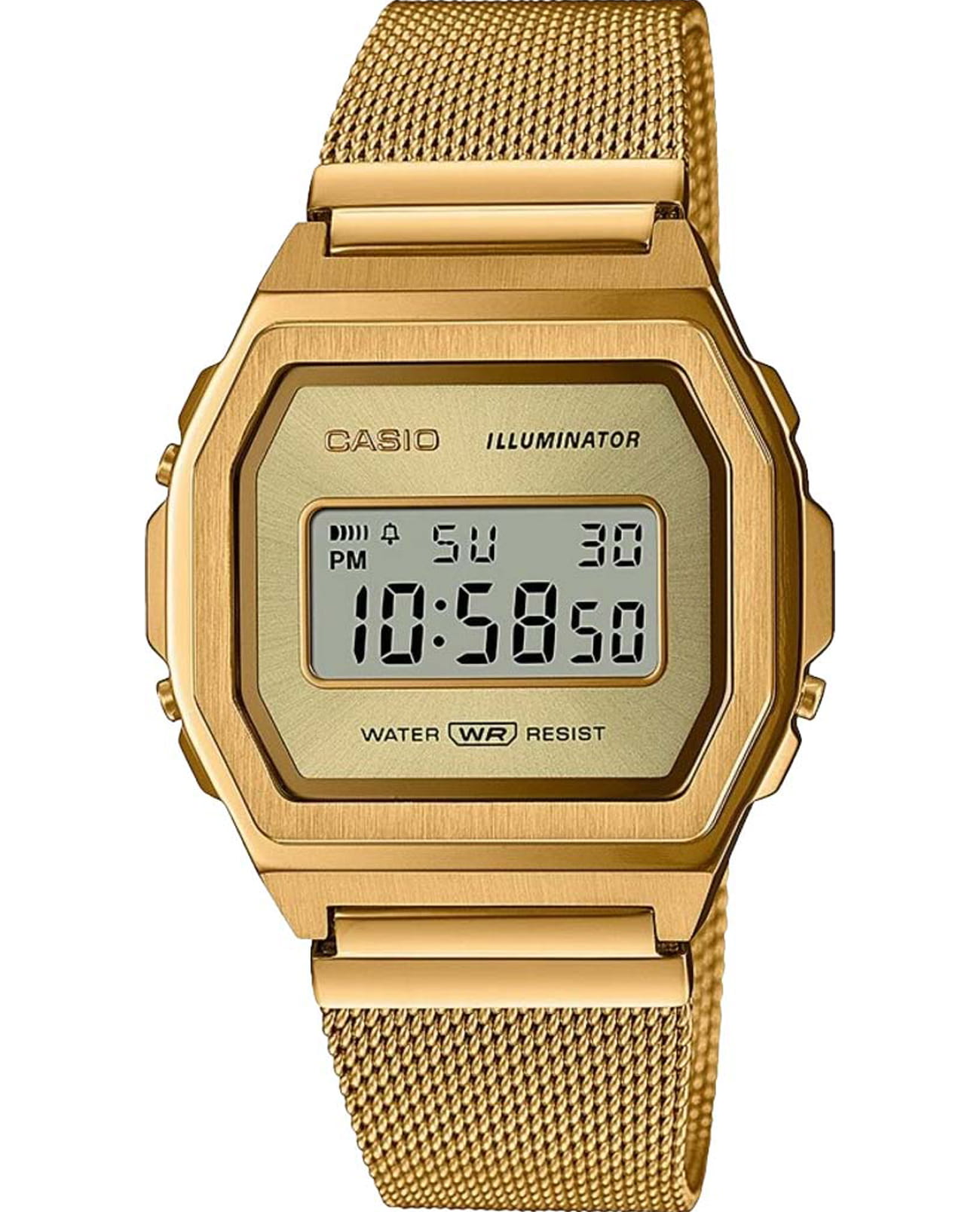 Casio Casio Vintage A1000MG-9  A1000MG-9EF кварцевые мужские часы золотой циферблат, браслет сталь с ip покрытием — вид спереди
