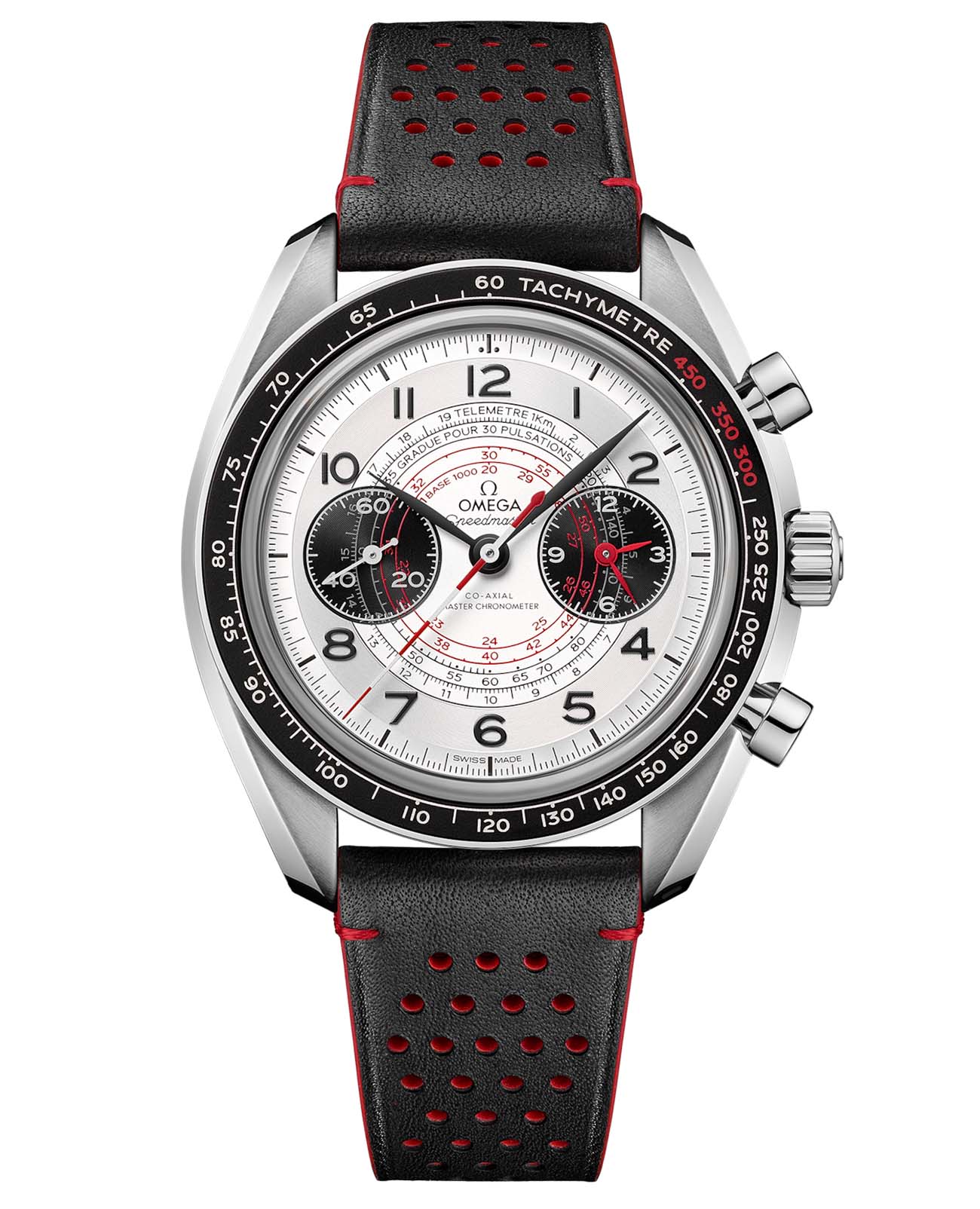 Omega Omega Speedmaster Chronoscope 329.32.43.51.02.001  32932435102001 механические мужские часы серебристый циферблат, браслет кожаный — вид спереди