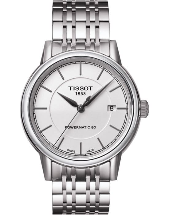 Tissot Tissot Carson Powermatic 80 T085.407.11.011.00 Carson T0854071101100 механические мужские часы белый циферблат, браслет нержавеющая сталь — вид спереди
