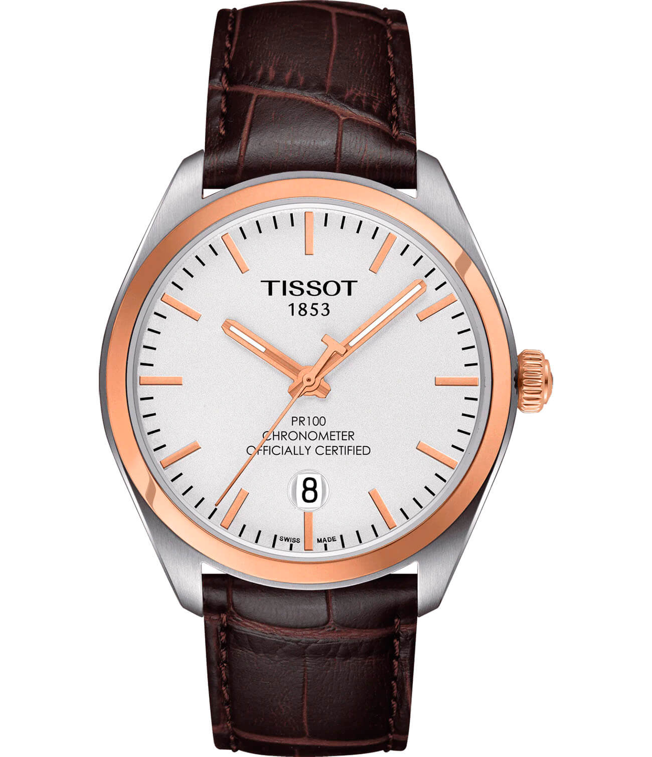 Tissot Tissot PR 100 COSC T101.451.26.031.00 PR 100 T1014512603100 кварцевые мужские часы белый циферблат, браслет кожаный — вид спереди