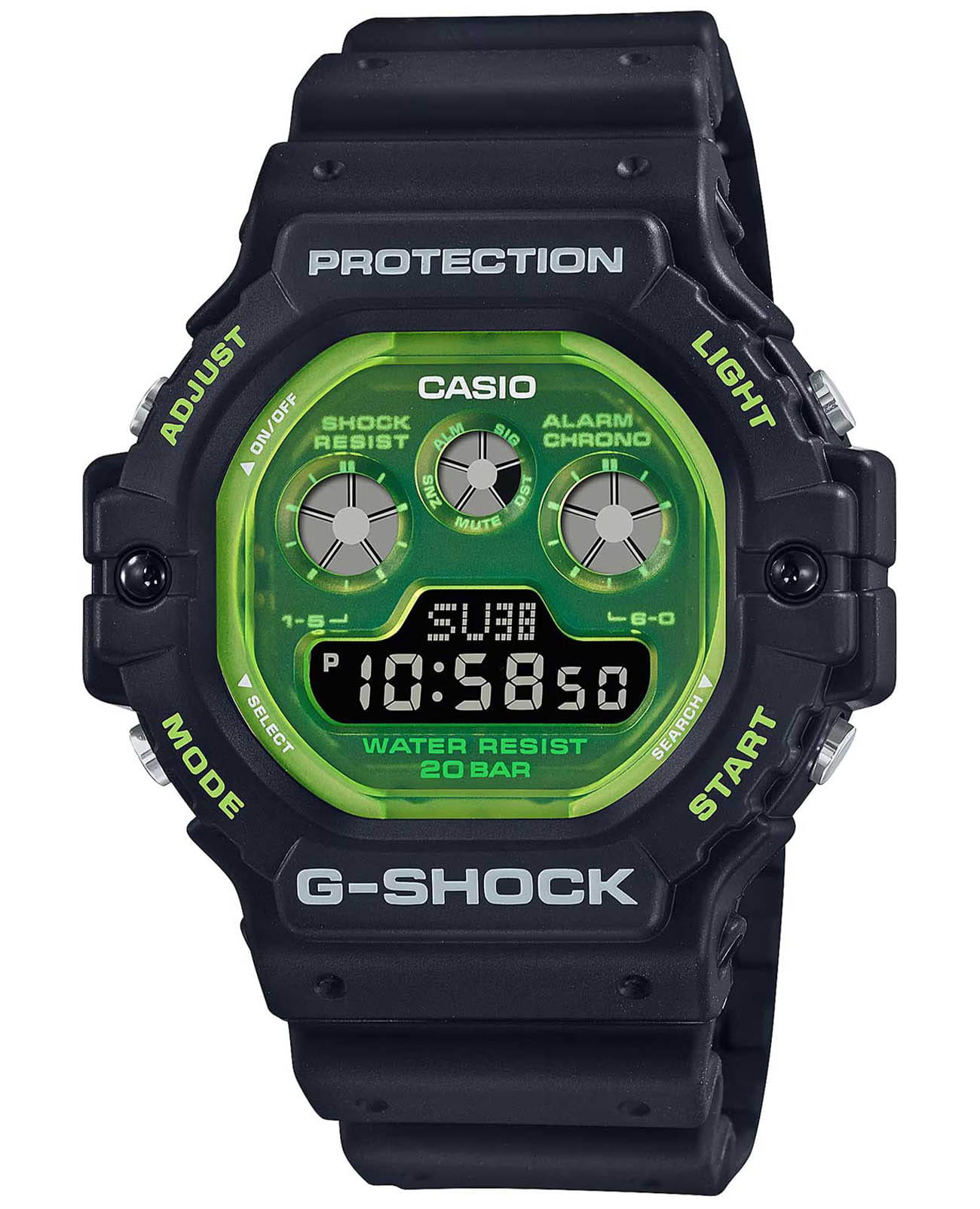Casio Casio G-Shock DW-5900TS-1  DW-5900TS-1 электронные мужские часы зеленый циферблат, браслет пластик — вид спереди