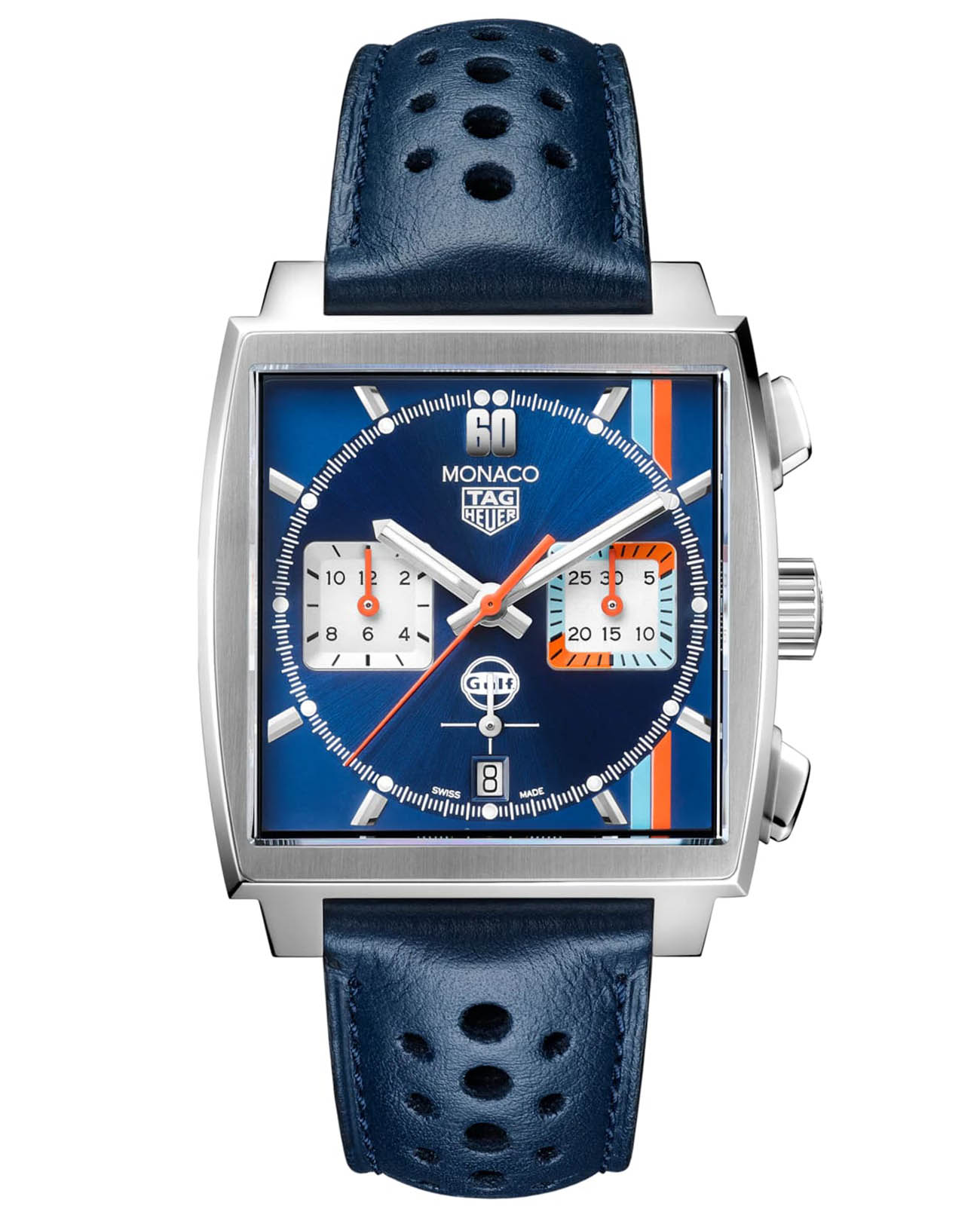 TAG Heuer TAG Heuer Monaco CBL2115.FC6494  CBL2115.FC6494 механические мужские часы синий циферблат, браслет кожаный — вид спереди