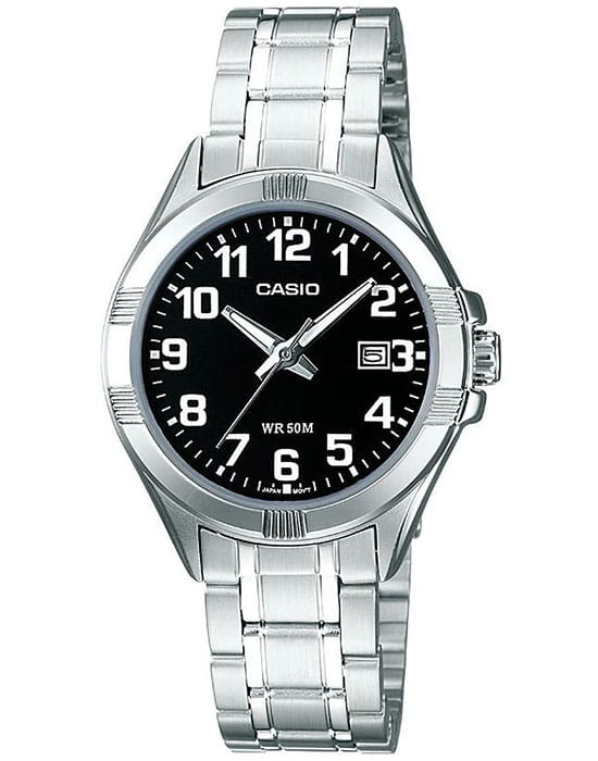 Casio Casio Collection LTP-1308PD-1B  LTP-1308PD-1B кварцевые женские часы черный циферблат, браслет нержавеющая сталь — вид спереди
