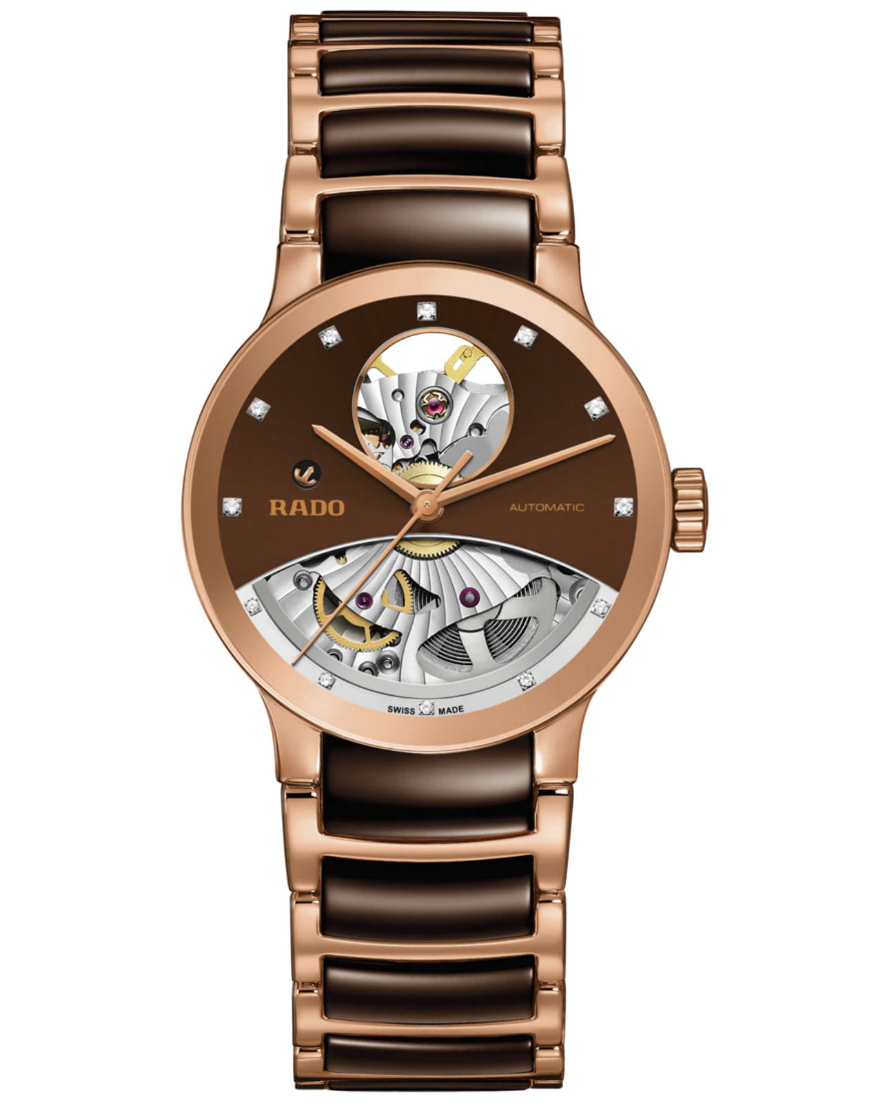 Rado Rado Centrix Automatic Diamonds Open Heart R30248712 Automatic R30248712 механические женские часы коричневый циферблат, браслет сталь + pvd + керамика — вид спереди