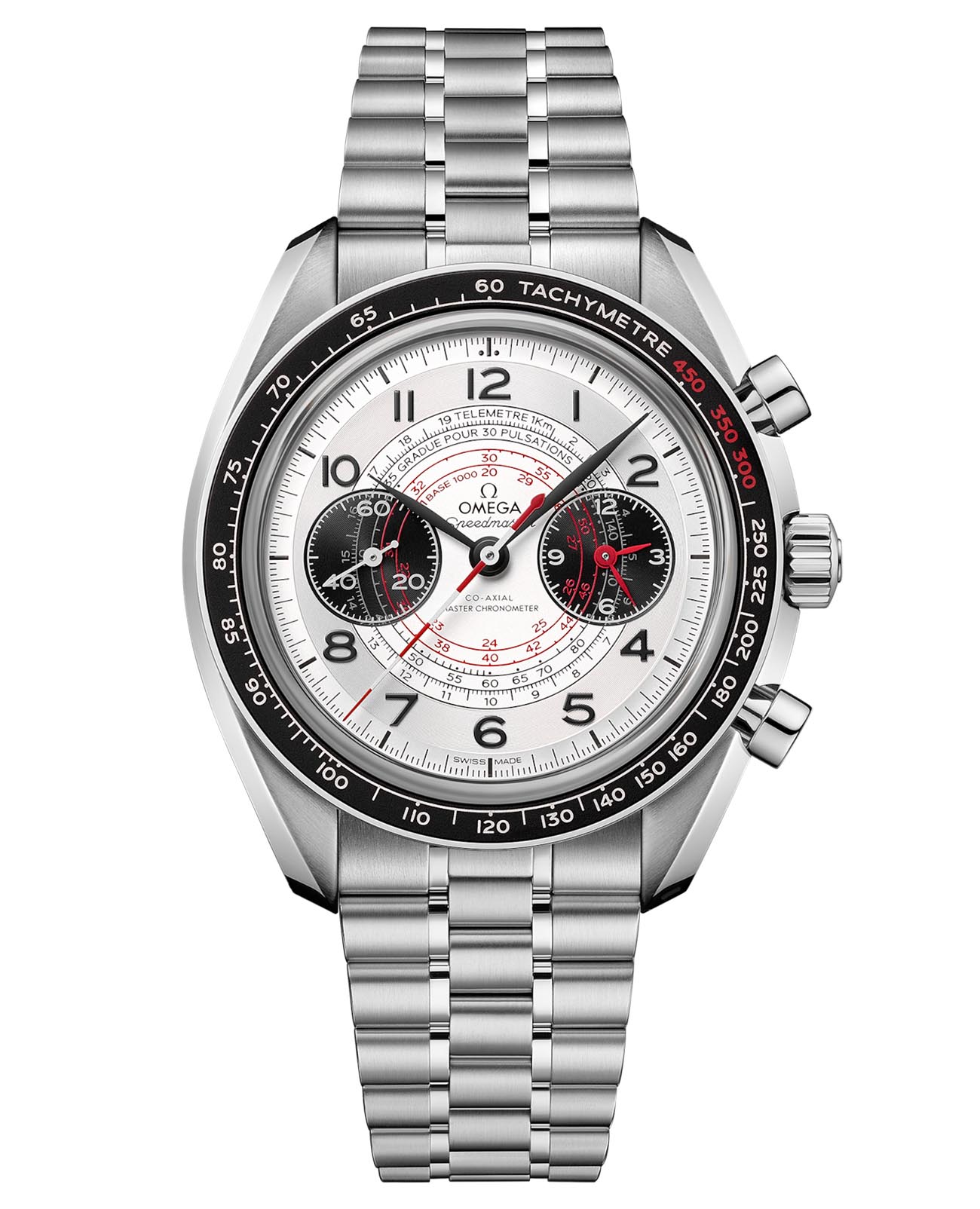 Omega Omega Speedmaster Chronoscope 329.30.43.51.02.002  32930435102002 механические мужские часы серебристый циферблат, браслет нержавеющая сталь — вид спереди