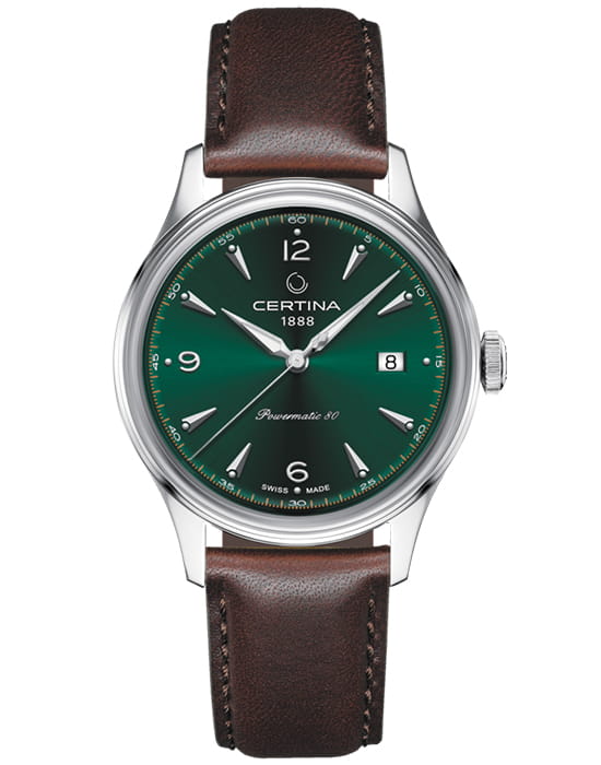 Certina Certina Heritage DS Powermatic 80 C038.407.16.097.00  C0384071609700 механические мужские часы зеленый циферблат, браслет кожаный — вид спереди