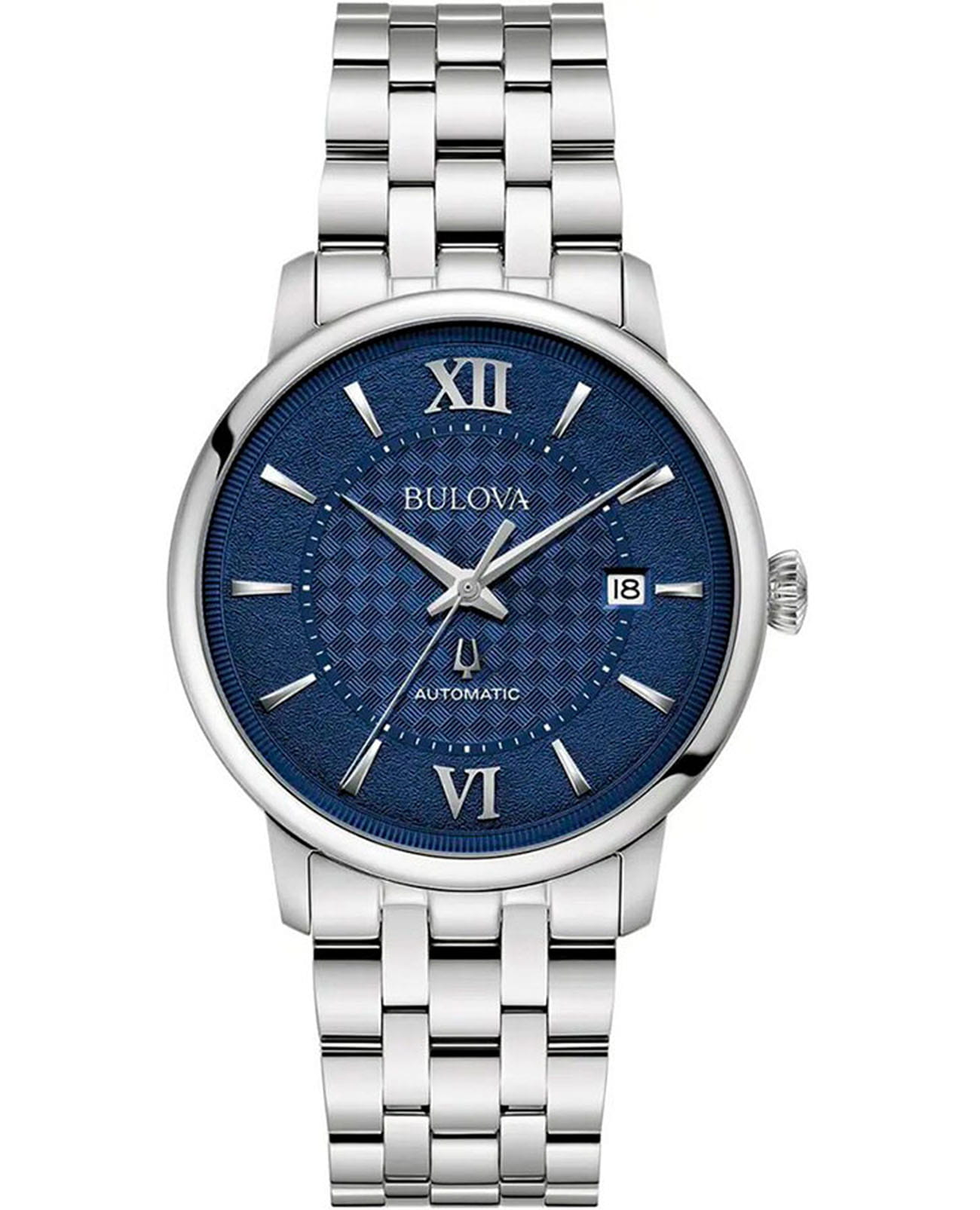 Bulova Bulova Hudson 96B447  96B447 механические мужские часы синий циферблат, браслет нержавеющая сталь — вид спереди