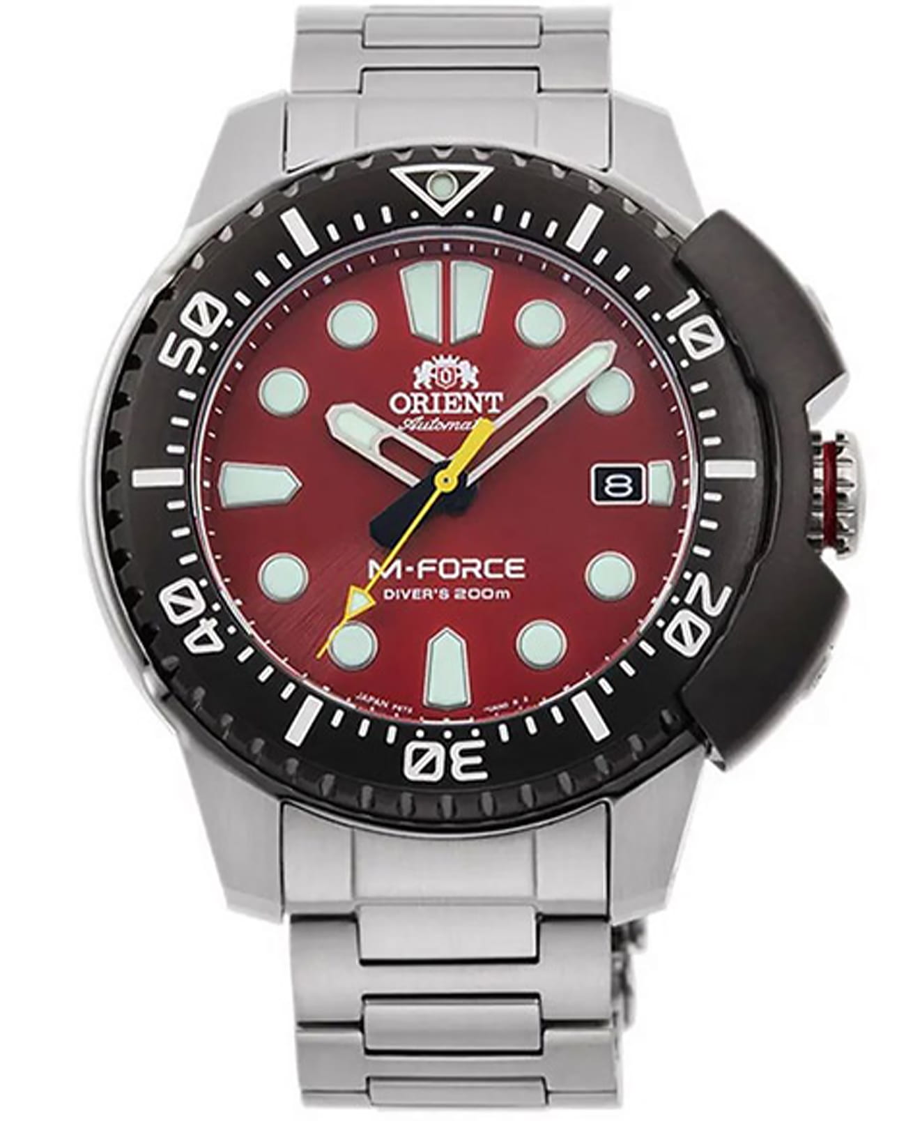 Orient Orient M-Force RA-AC0L02R (RN-AC0L02R)  RA-AC0L02R механические мужские часы красный циферблат, браслет нержавеющая сталь — вид спереди