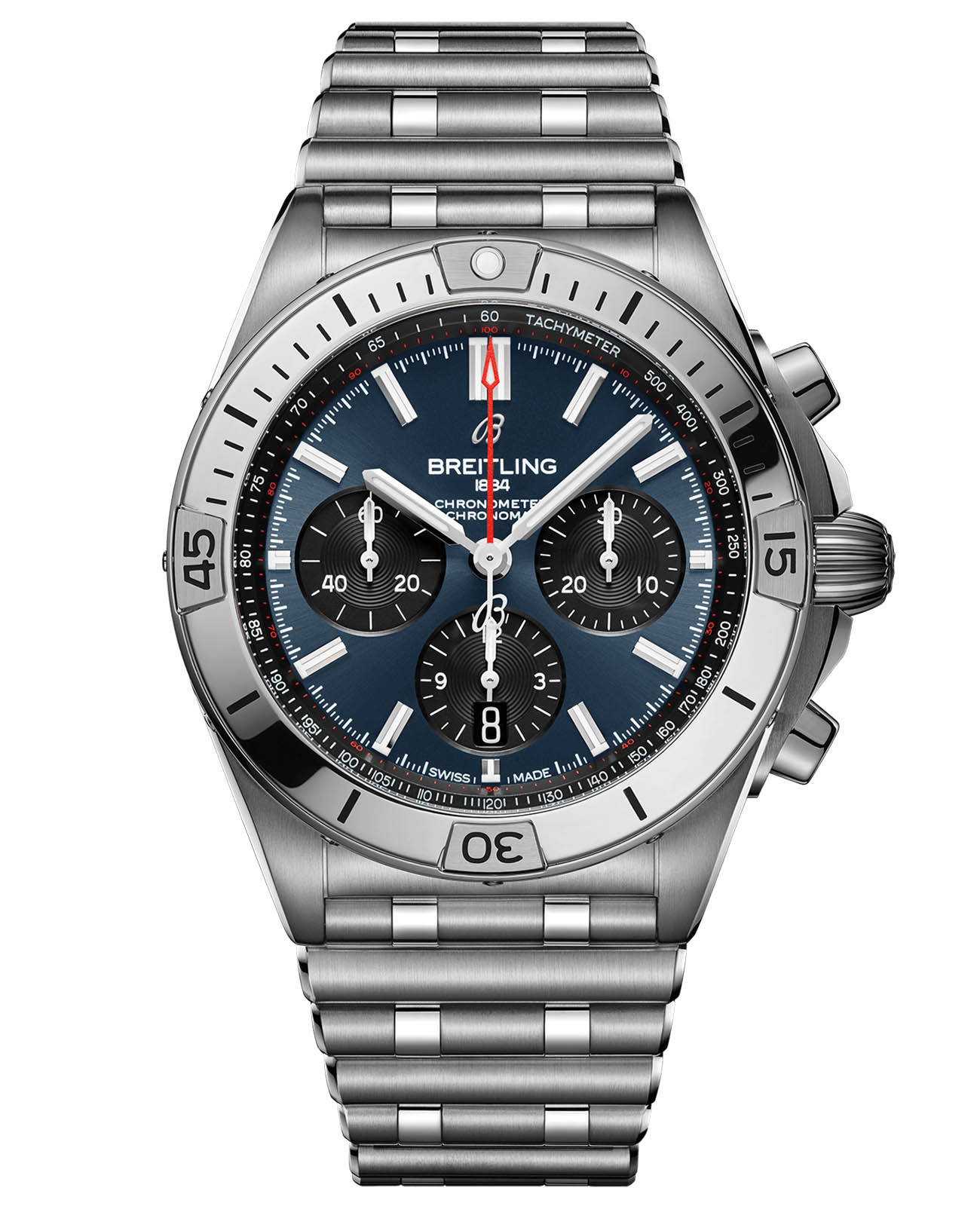 Breitling Breitling Chronomat B01 42 AB0134101C1A1  AB0134101C1A1 механические мужские часы синий циферблат, браслет нержавеющая сталь — вид спереди