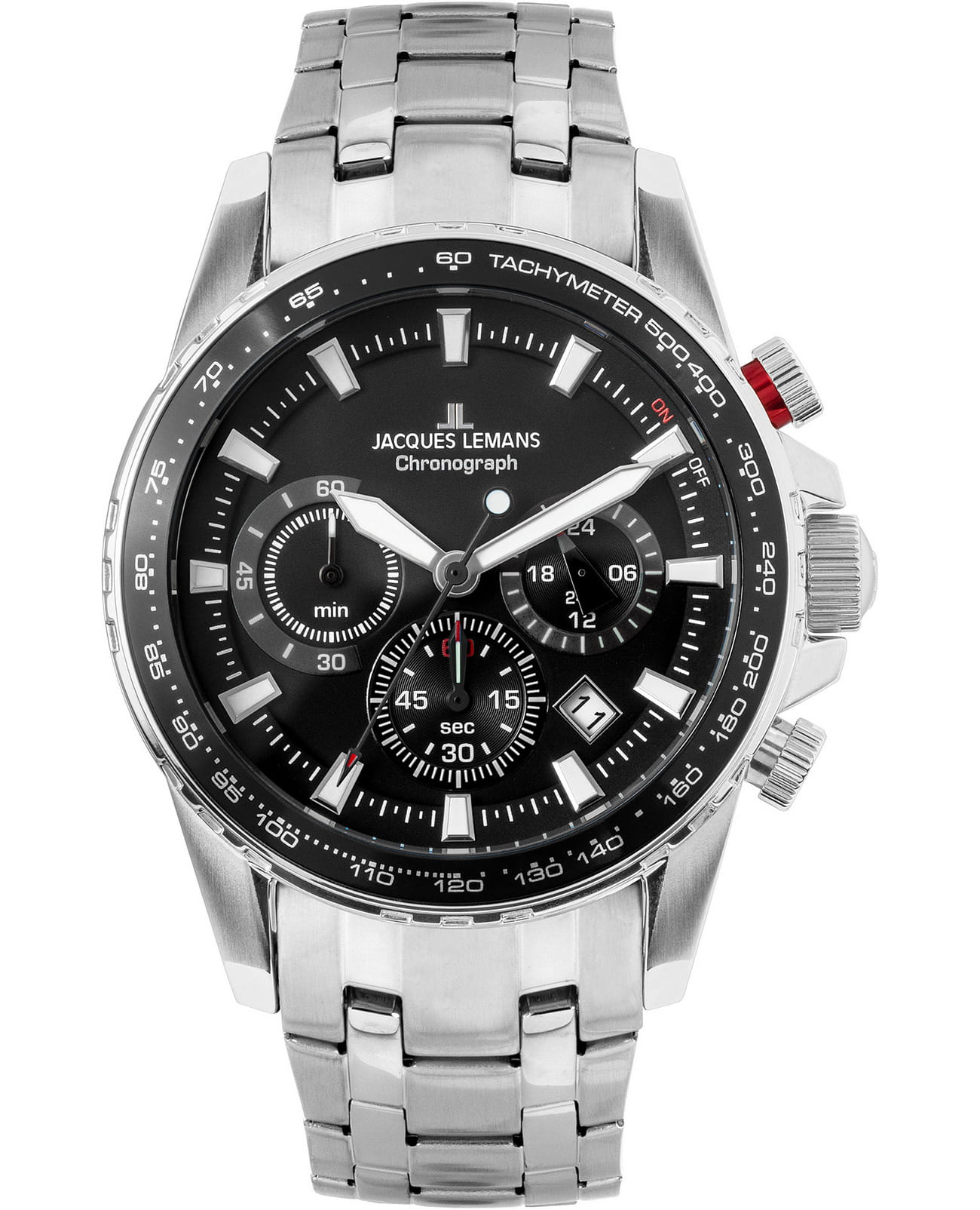 Jacques Lemans Jacques Lemans  Sport 1-2099D  1-2099D кварцевые мужские часы черный циферблат, браслет нержавеющая сталь — вид спереди