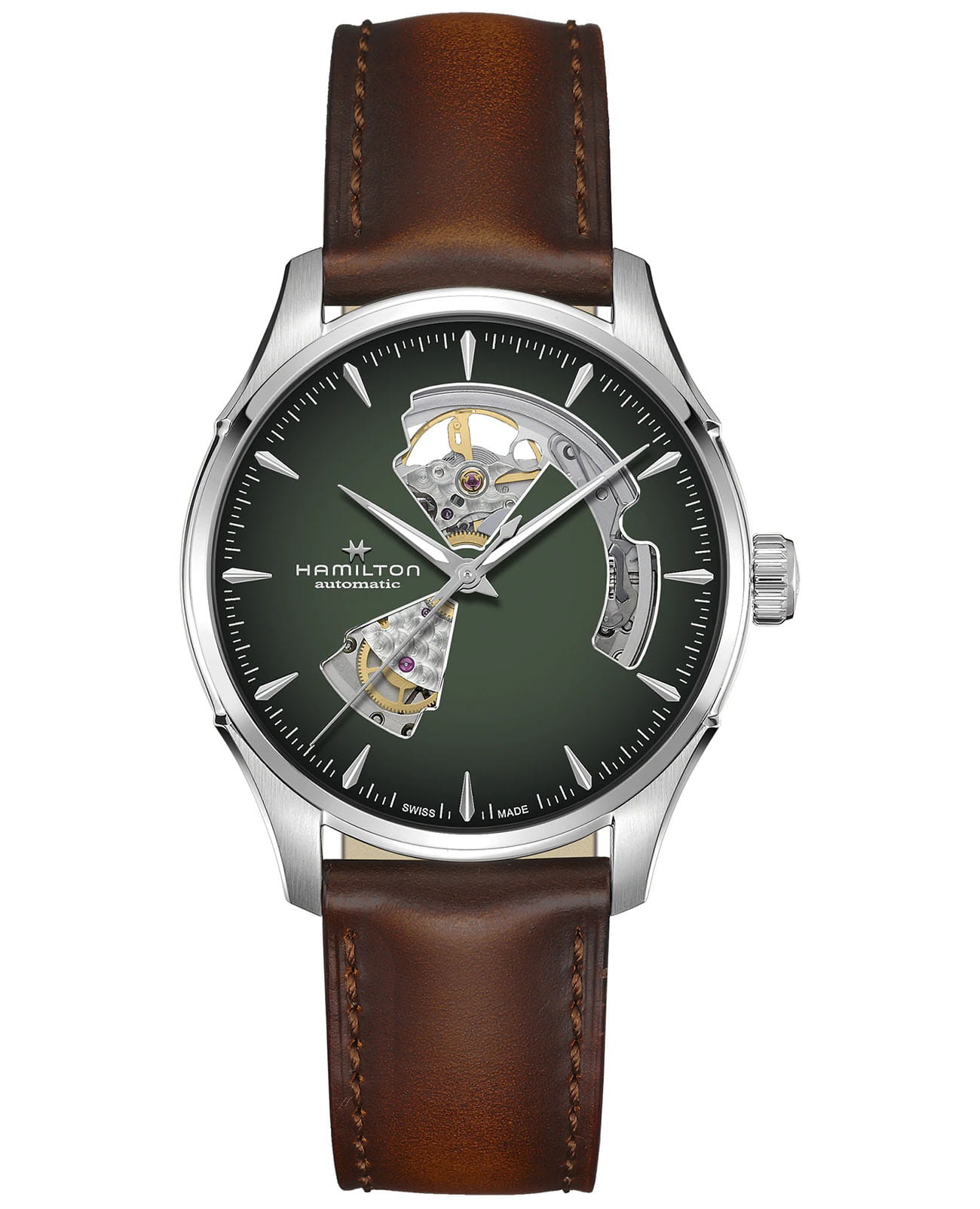 Hamilton Hamilton Jazzmaster Open Heart Auto H32675560  H32675560 механические мужские часы зеленый циферблат, браслет кожаный — вид спереди