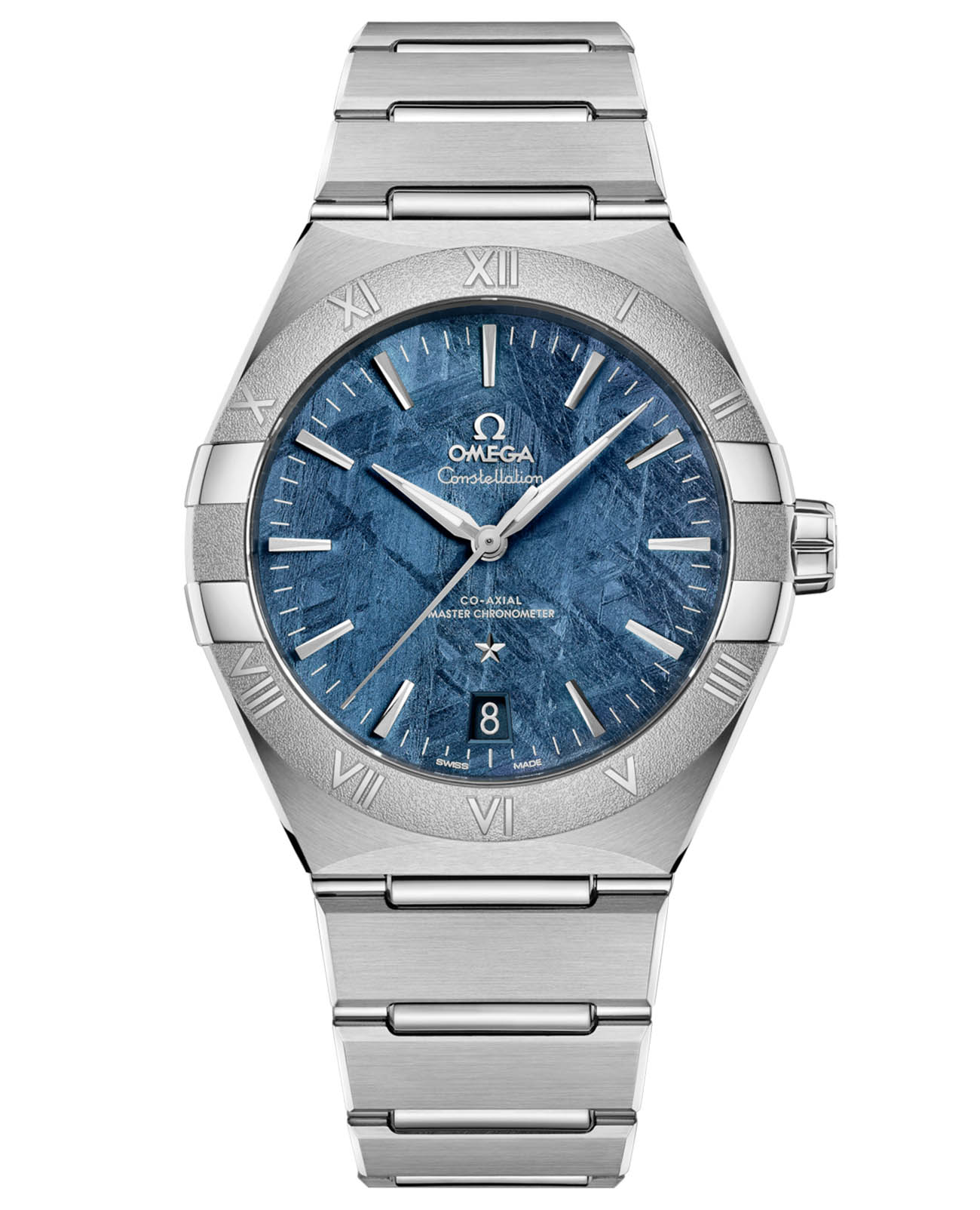 Omega Omega Constellation 131.30.41.21.99.003  13130412199003 механические мужские часы синий циферблат, браслет нержавеющая сталь — вид спереди