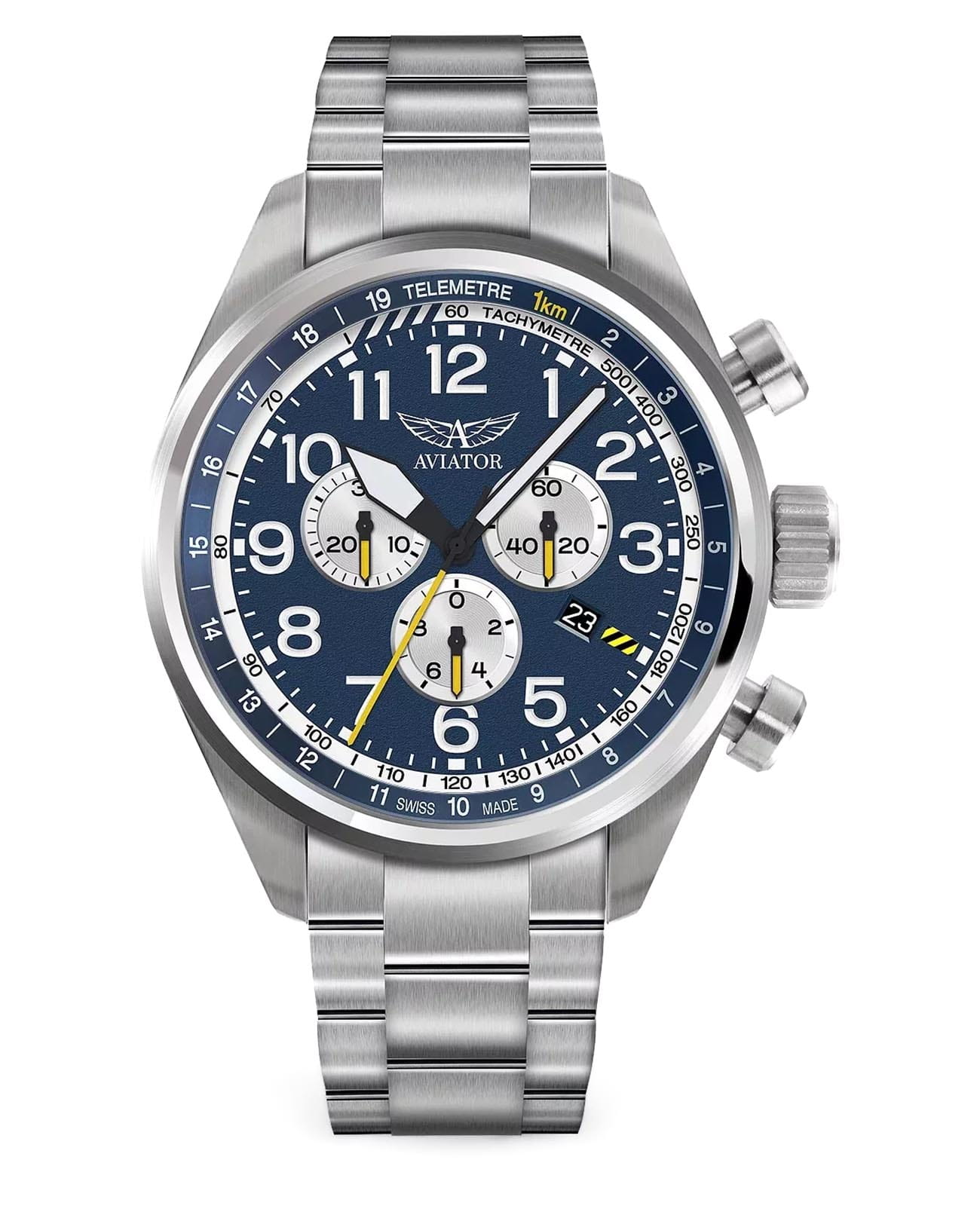 Aviator Aviator Airacobra P45 Chrono V.2.25.0.170.5  V.2.25.0.170.5 кварцевые мужские часы синий циферблат, браслет нержавеющая сталь — вид спереди