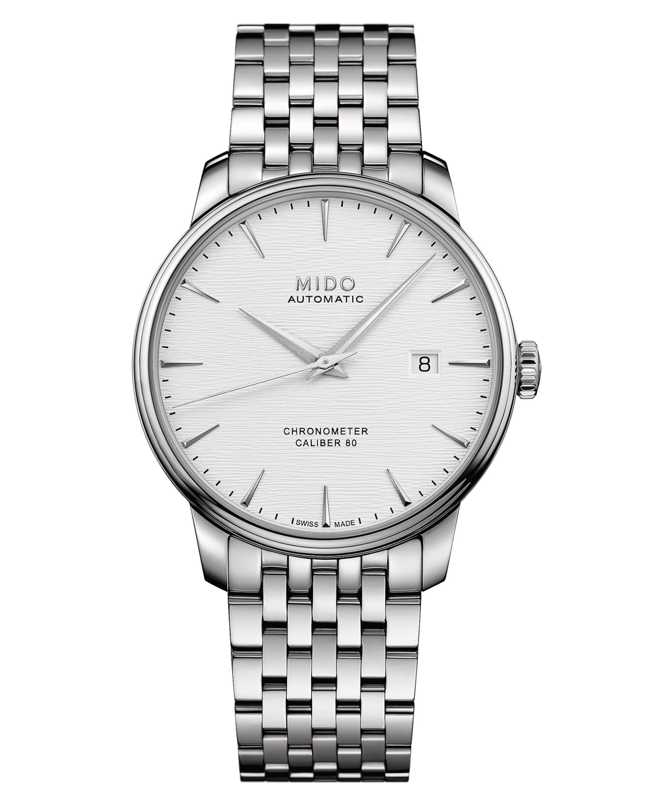 Mido Mido Baroncelli Chronometer Silicon Gent M027.408.11.031.00  M0274081103100 механические мужские часы белый циферблат, браслет нержавеющая сталь — вид спереди
