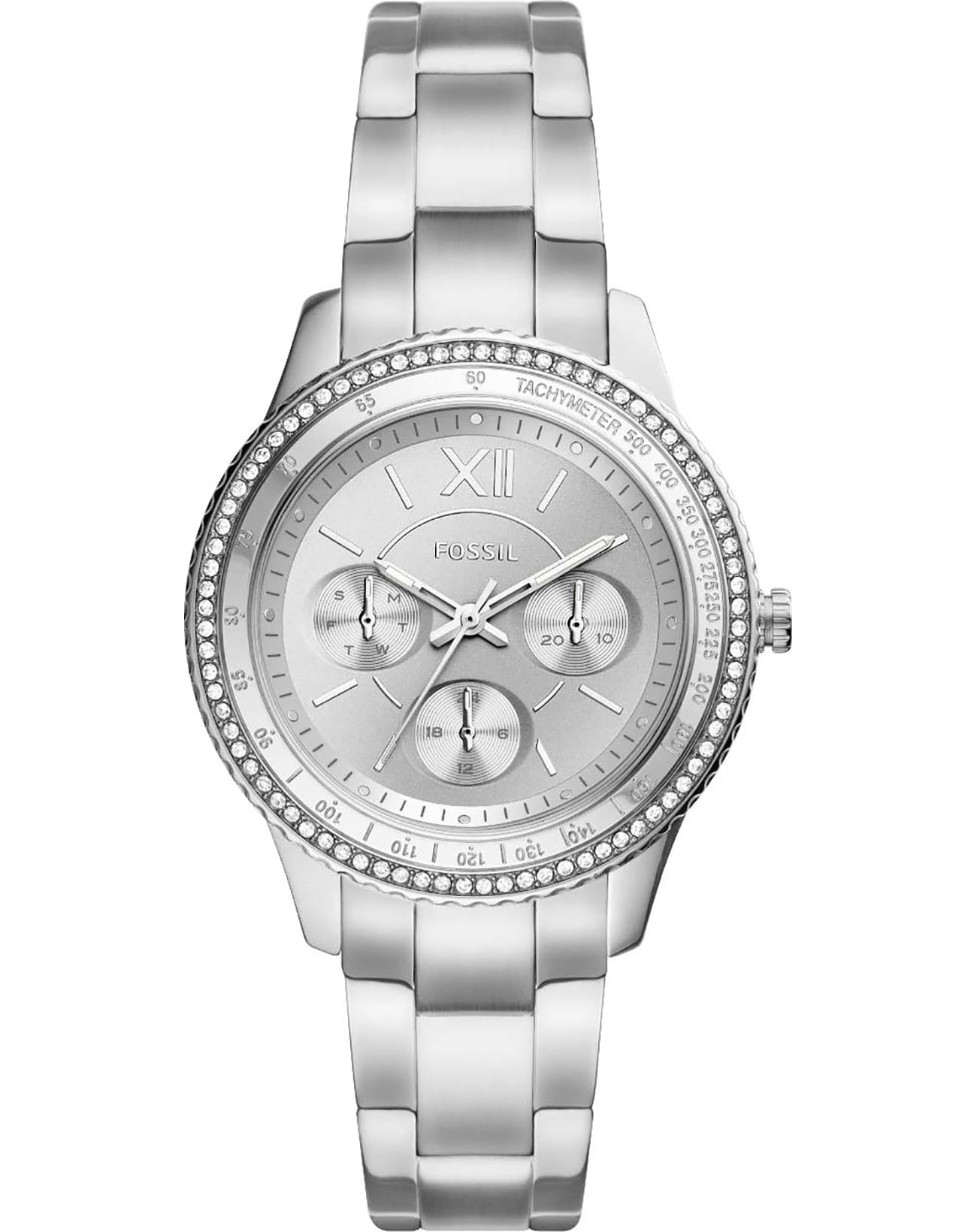 Fossil Fossil Stella  ES5108  ES5108 кварцевые женские часы серебристый циферблат, браслет сталь с ip покрытием — вид спереди