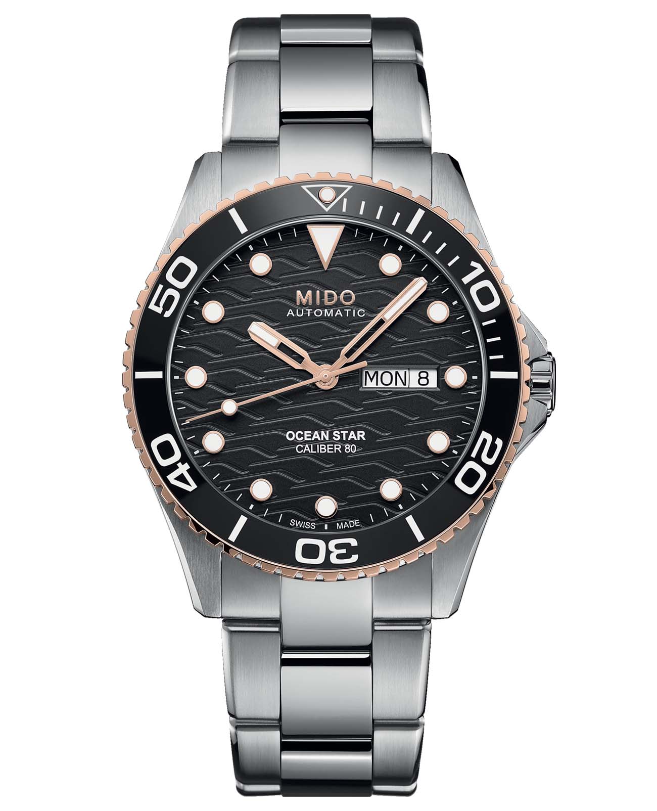Mido Mido Ocean Star 200c M042.430.21.051.00  M0424302105100 механические мужские часы черный циферблат, браслет нержавеющая сталь — вид спереди