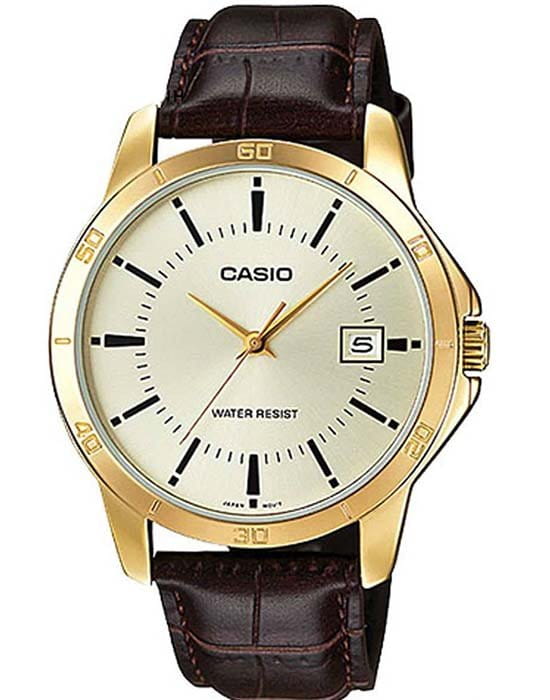 Casio Casio Collection MTP-V004GL-9AUDF (MTP-V004GL-9A)  MTP-V004GL-9A кварцевые мужские часы шампань циферблат, браслет кожаный — вид спереди