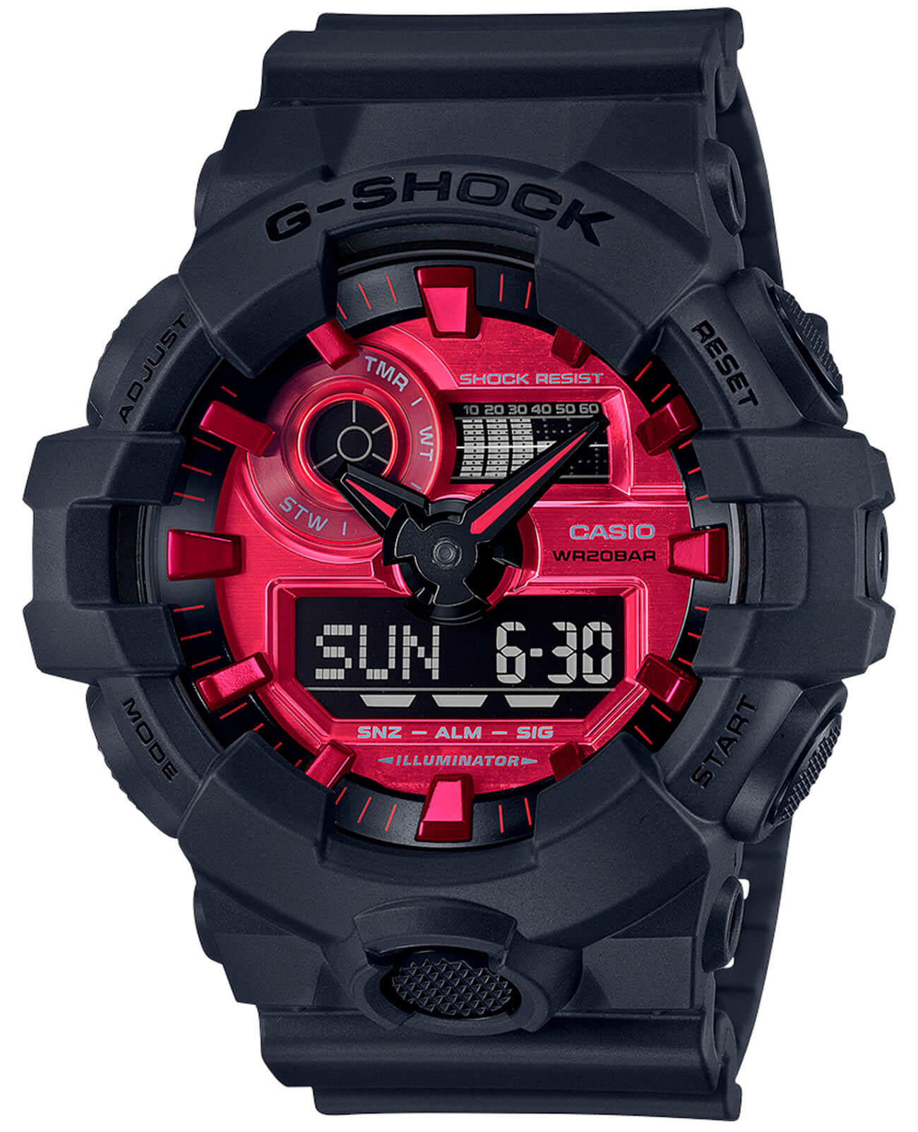 Casio Casio G-Shock GA-700AR-1A GA-700 GA-700AR-1A электронные мужские часы красный циферблат, браслет пластик — вид спереди
