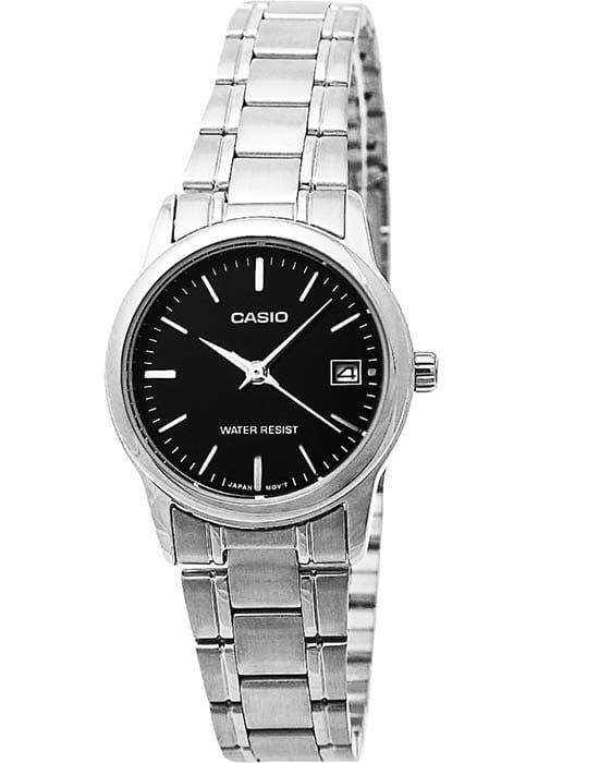 Casio Casio LTP-V002D-1A  LTP-V002D-1A кварцевые женские часы черный циферблат, браслет нержавеющая сталь — вид спереди