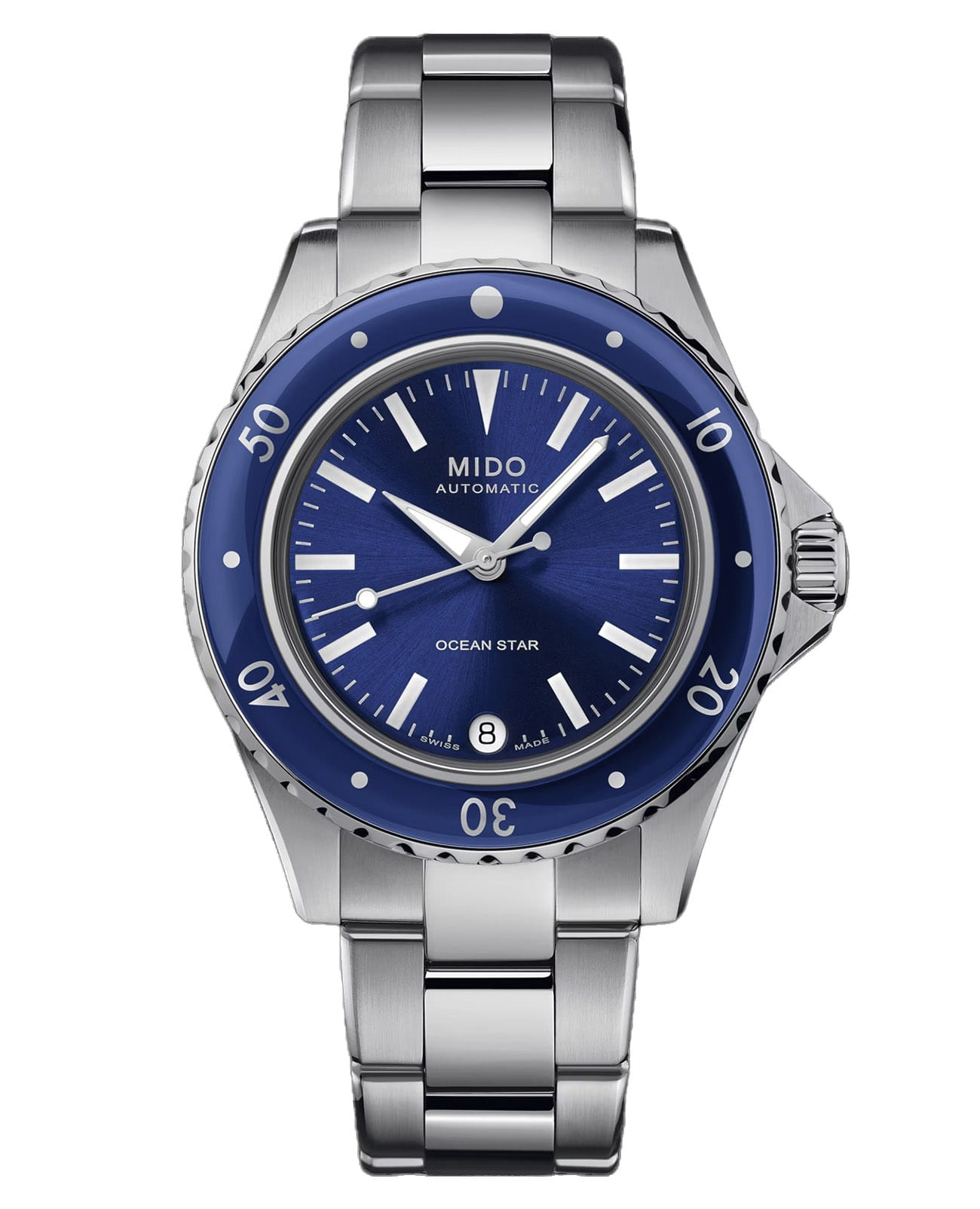 Mido Mido Ocean Star 36.5 M026.207.11.041.00  M0262071104100 механические женские часы синий циферблат, браслет нержавеющая сталь — вид спереди