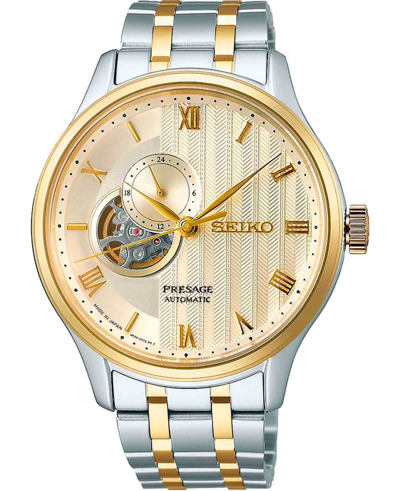 Seiko Seiko Presage SSA464J1  SSA464J1 механические мужские часы золотой циферблат, браслет нержавеющая сталь с pvd-покрытием — вид спереди