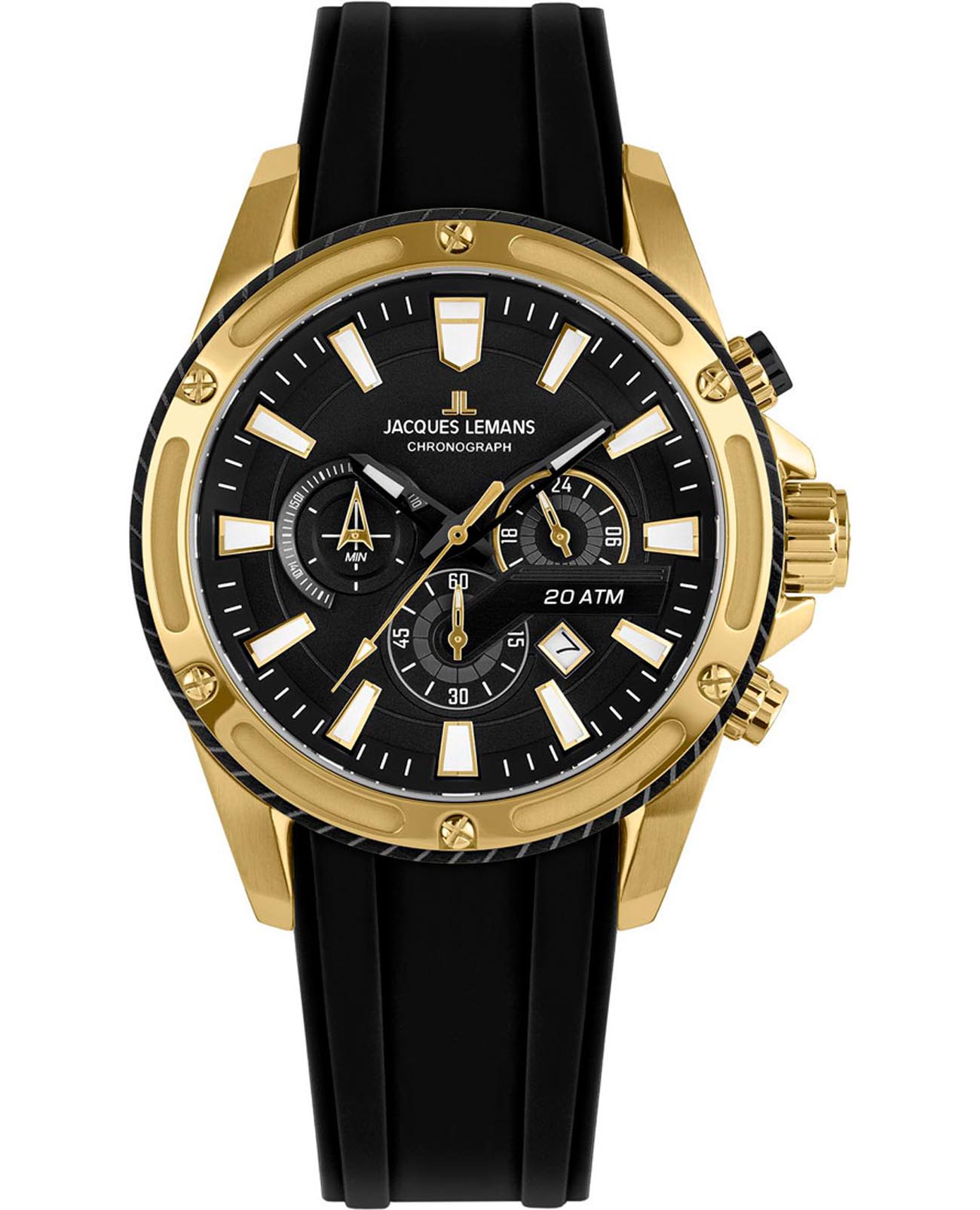 Jacques Lemans Jacques Lemans Liverpool 1-2141D  1-2141D кварцевые мужские часы черный циферблат, браслет силикон — вид спереди